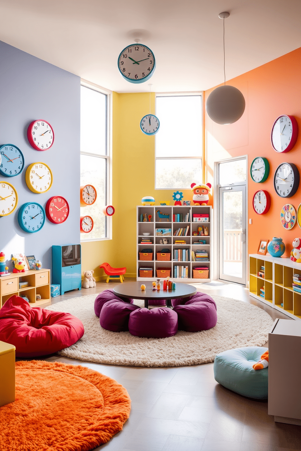 A vibrant playroom filled with colorful wall clocks in various shapes and sizes, each displaying a different time. The walls are painted in bright primary colors, and soft, plush rugs cover the floor, creating a cozy space for children to play and learn. The room features a mix of modern furniture, including a low table surrounded by bean bags and a bookshelf filled with toys and books. Large windows allow natural light to flood the space, enhancing the cheerful atmosphere and inspiring creativity.