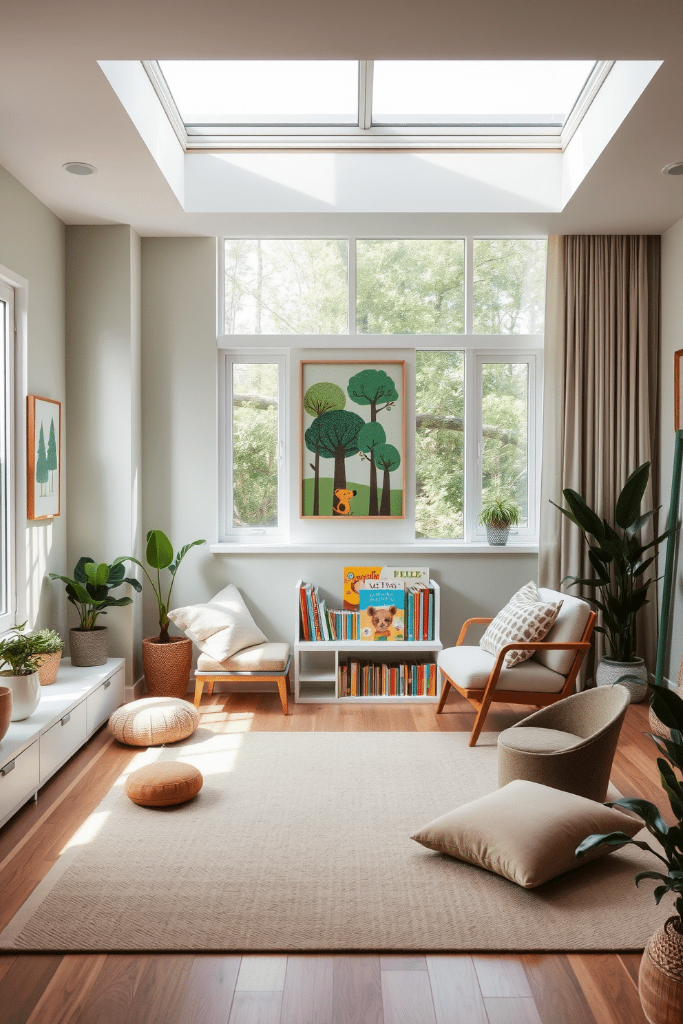 A serene playroom that incorporates nature-inspired color palettes, featuring soft greens and earthy browns. Large windows allow natural light to flood the space, highlighting a cozy reading nook adorned with plush cushions and a small bookshelf filled with colorful children's books. The playroom includes modern furniture with clean lines, such as a low-profile sofa and a playful area rug in muted tones. Wall art depicting whimsical forest scenes adds a touch of creativity, while indoor plants enhance the tranquility of the environment.