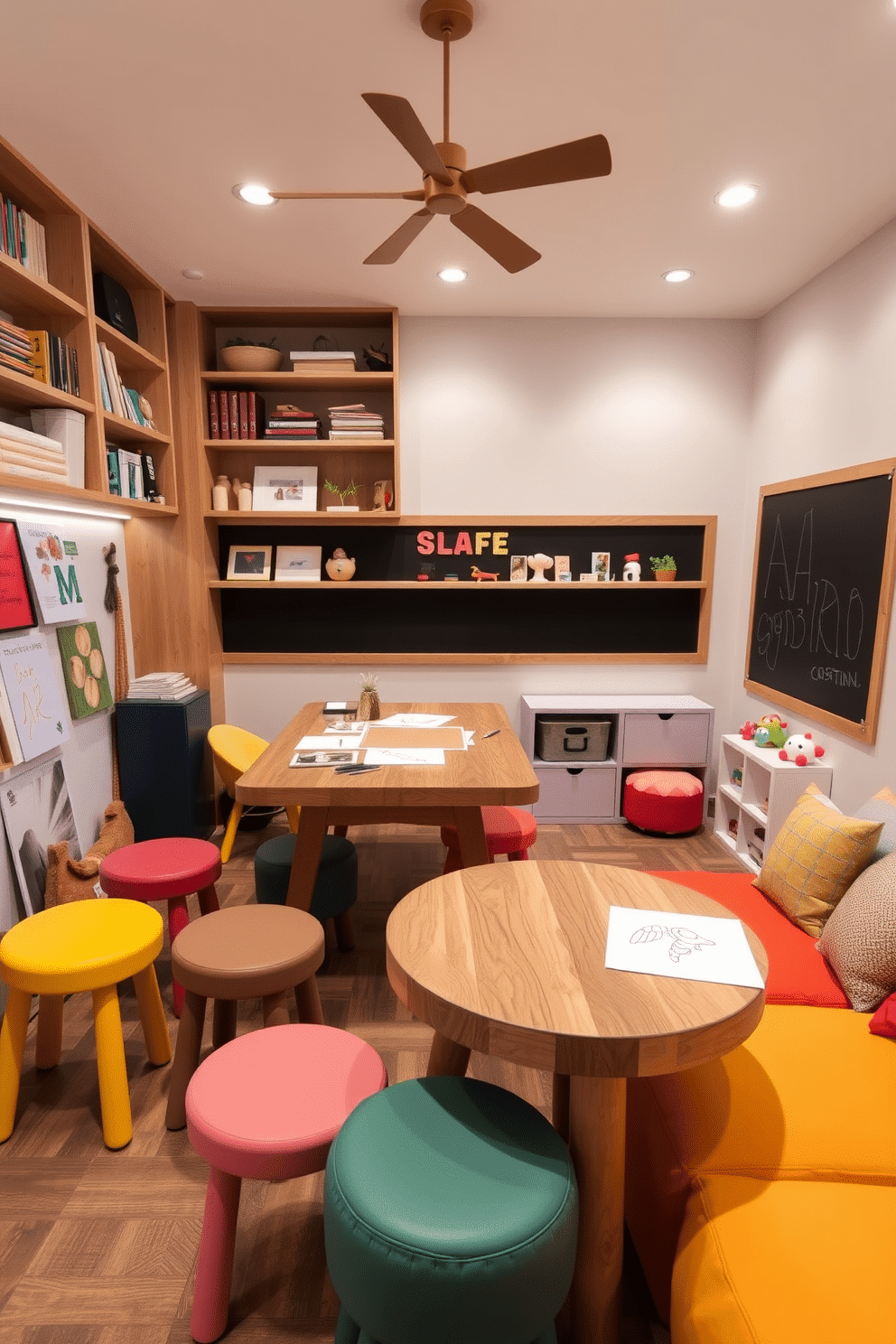 A cozy DIY craft corner designed for artistic exploration. The space features a large wooden table surrounded by colorful stools, with shelves filled with art supplies and inspirational materials. A contemporary playroom designed for creativity and fun. The room includes soft, modular furniture in vibrant colors, a chalkboard wall for drawing, and playful storage solutions for toys and games.