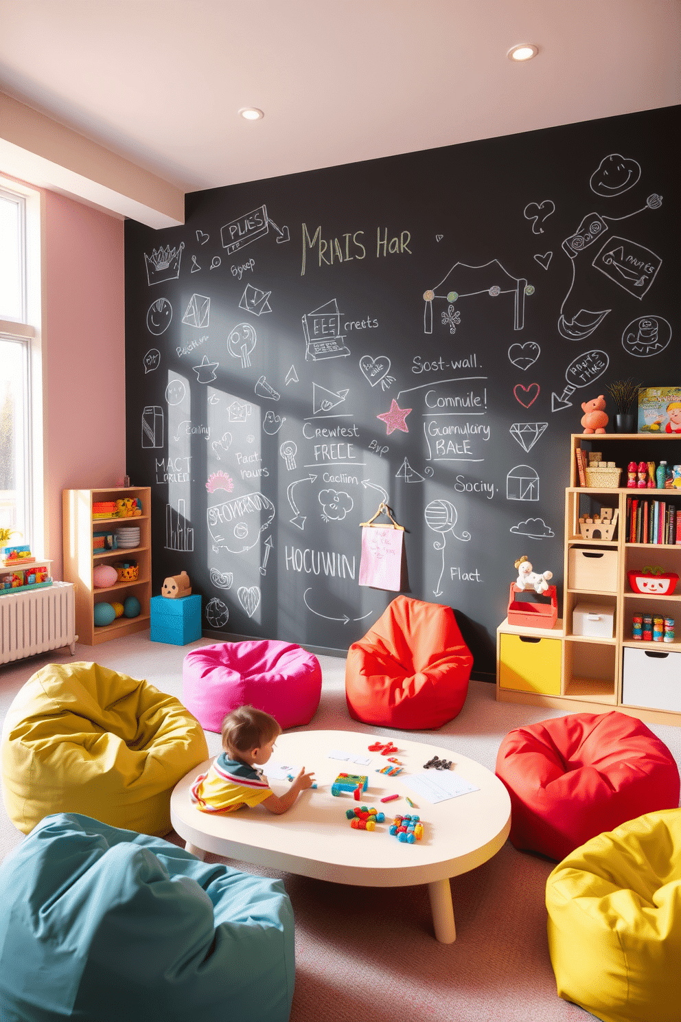 A vibrant playroom featuring an interactive chalkboard wall that encourages creativity and artistic expression. The space is filled with colorful bean bags, a low table for arts and crafts, and shelves stocked with toys and books. The walls are painted in soft pastels, creating a warm and inviting atmosphere. Large windows allow natural light to flood the room, enhancing the playful ambiance and making it a perfect space for children to learn and explore.