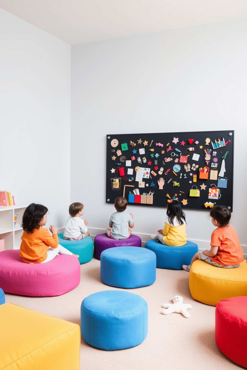 A contemporary playroom designed for interactive playtime features a large magnetic board mounted on the wall, allowing children to explore creativity with colorful magnets and art supplies. The room is filled with soft, modular seating in vibrant colors, creating a playful atmosphere that encourages both group activities and individual exploration.