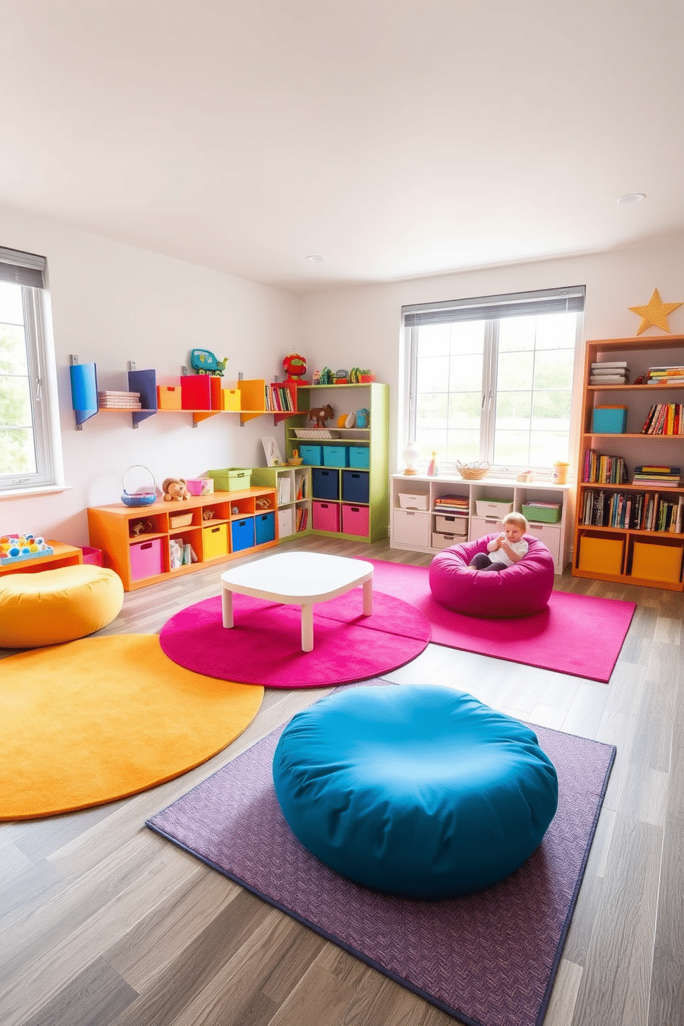 A contemporary playroom designed for creativity and fun. The space features soft area rugs in vibrant colors, providing comfort and safety for children as they play. Brightly colored furniture, including a low table and bean bags, encourages interactive play. Wall-mounted shelves display an array of toys and books, while large windows allow natural light to flood the room.