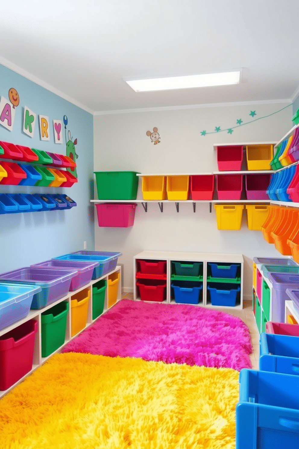 A vibrant playroom filled with colorful storage bins in various shapes and sizes, neatly arranged along the walls to encourage organized play. The room features playful wall art and a soft, plush rug in bright colors, creating an inviting atmosphere for children to explore and enjoy.