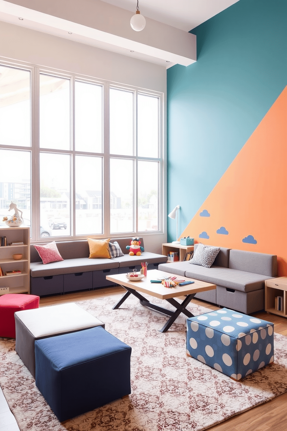 A contemporary playroom featuring multi-functional furniture that adapts to various activities. The space includes a modular sofa that can be rearranged, a foldable table for arts and crafts, and storage ottomans that double as seating. Brightly colored walls create an inviting atmosphere, complemented by playful wall decals. Large windows allow natural light to flood the room, while a soft rug provides a comfortable area for play.