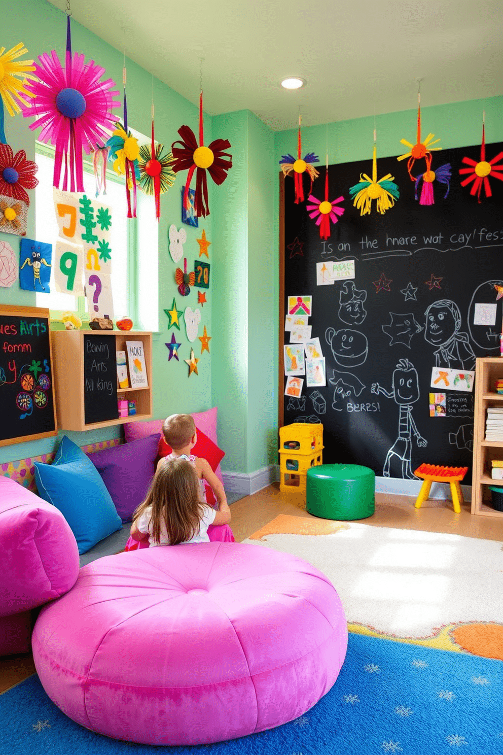 A vibrant playroom filled with colorful hanging art displays that encourage child creativity. The walls are adorned with various art pieces created by children, showcasing their imagination and talent. Soft, plush seating areas invite kids to sit and reflect on their artwork, while a large, interactive chalkboard wall provides endless opportunities for drawing and writing. Brightly colored rugs and playful decor elements create a warm and inviting atmosphere that inspires creativity and play.