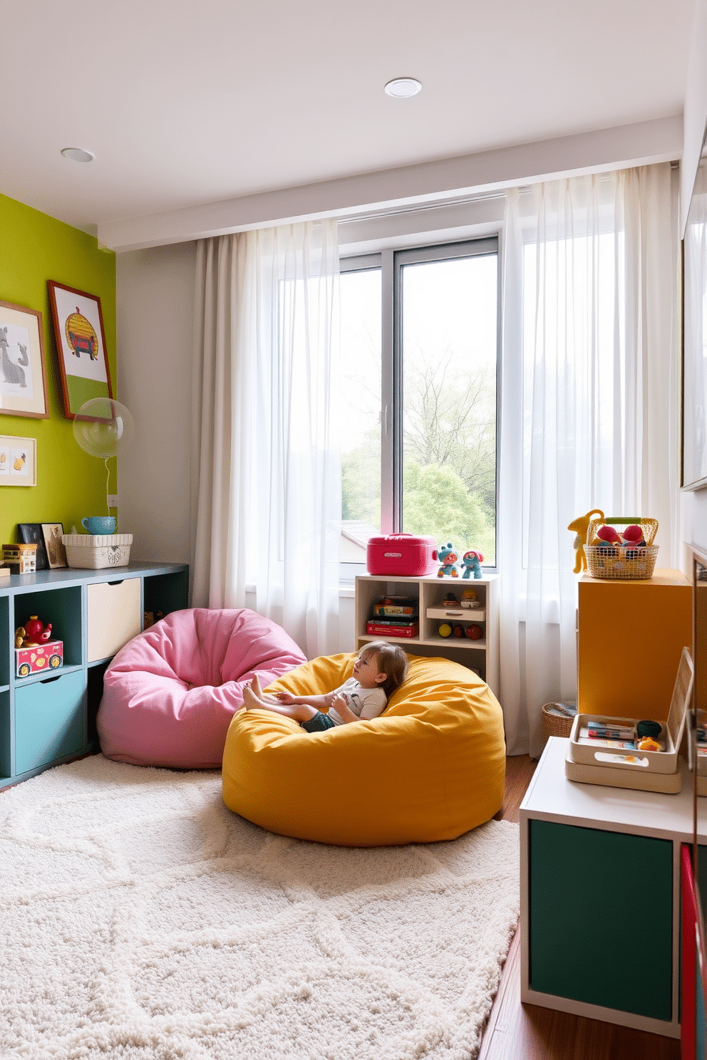 Cozy reading nook with bean bags. The space features a large window with sheer curtains allowing natural light to flood in, and a plush rug underfoot creates warmth. Contemporary playroom design ideas. Brightly colored walls are adorned with playful artwork, while modular storage units keep toys organized and accessible.