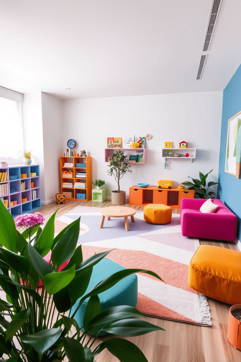 A contemporary playroom filled with vibrant colors and playful textures. The space features a large, soft area rug with geometric patterns, surrounded by low, modular furniture in bright hues. Lush green plants are strategically placed in the corners, adding a refreshing touch of nature. A wall-mounted shelf displays an array of toys and books, while a small indoor tree brings life to the room.