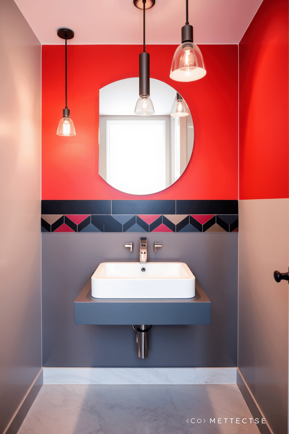 A sleek floating vanity is mounted against a striking bold backsplash that features geometric patterns in rich colors. The space is illuminated by modern pendant lights, creating a warm and inviting atmosphere in this contemporary powder room.