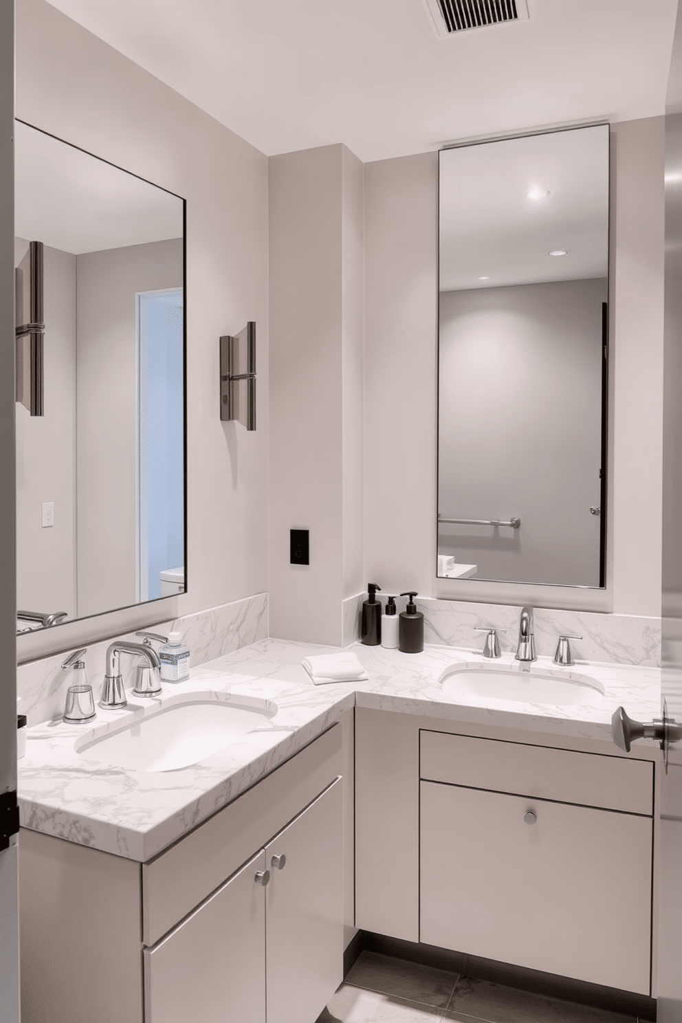 A contemporary powder room featuring luxurious marble countertops that exude sophistication. The space is adorned with sleek fixtures and elegant lighting, creating a refined atmosphere. The walls are painted in a soft, neutral tone that complements the marble, while a stylish mirror adds depth and character. A minimalist vanity holds essential accessories, enhancing the overall modern aesthetic.