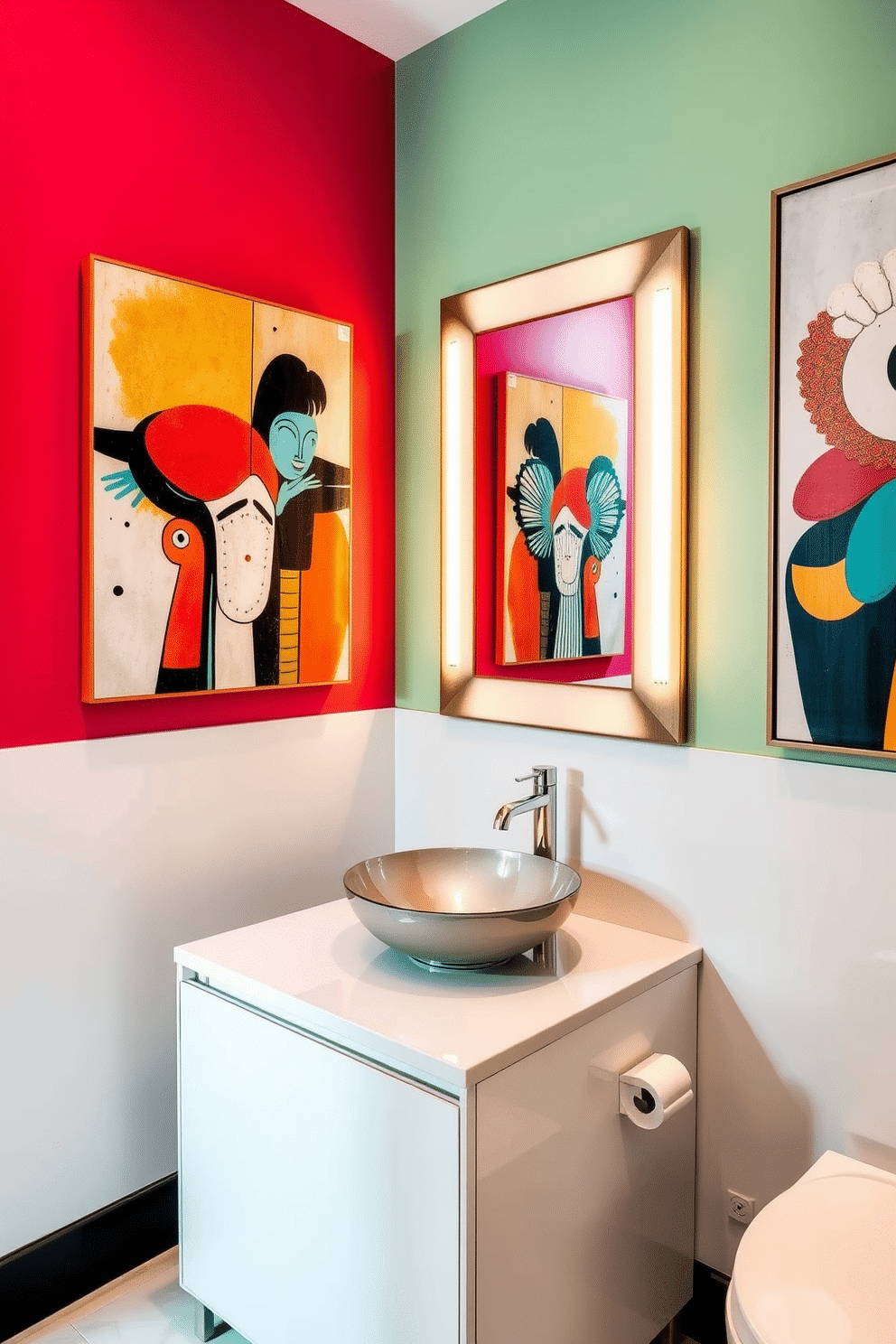 A contemporary powder room featuring sleek lines and bold colors. The walls are adorned with eye-catching contemporary artwork that adds personality and vibrancy to the space. The vanity is a minimalist design with a glossy finish, complemented by a chic vessel sink. A large mirror with an artistic frame reflects the unique art pieces, enhancing the room's modern aesthetic.