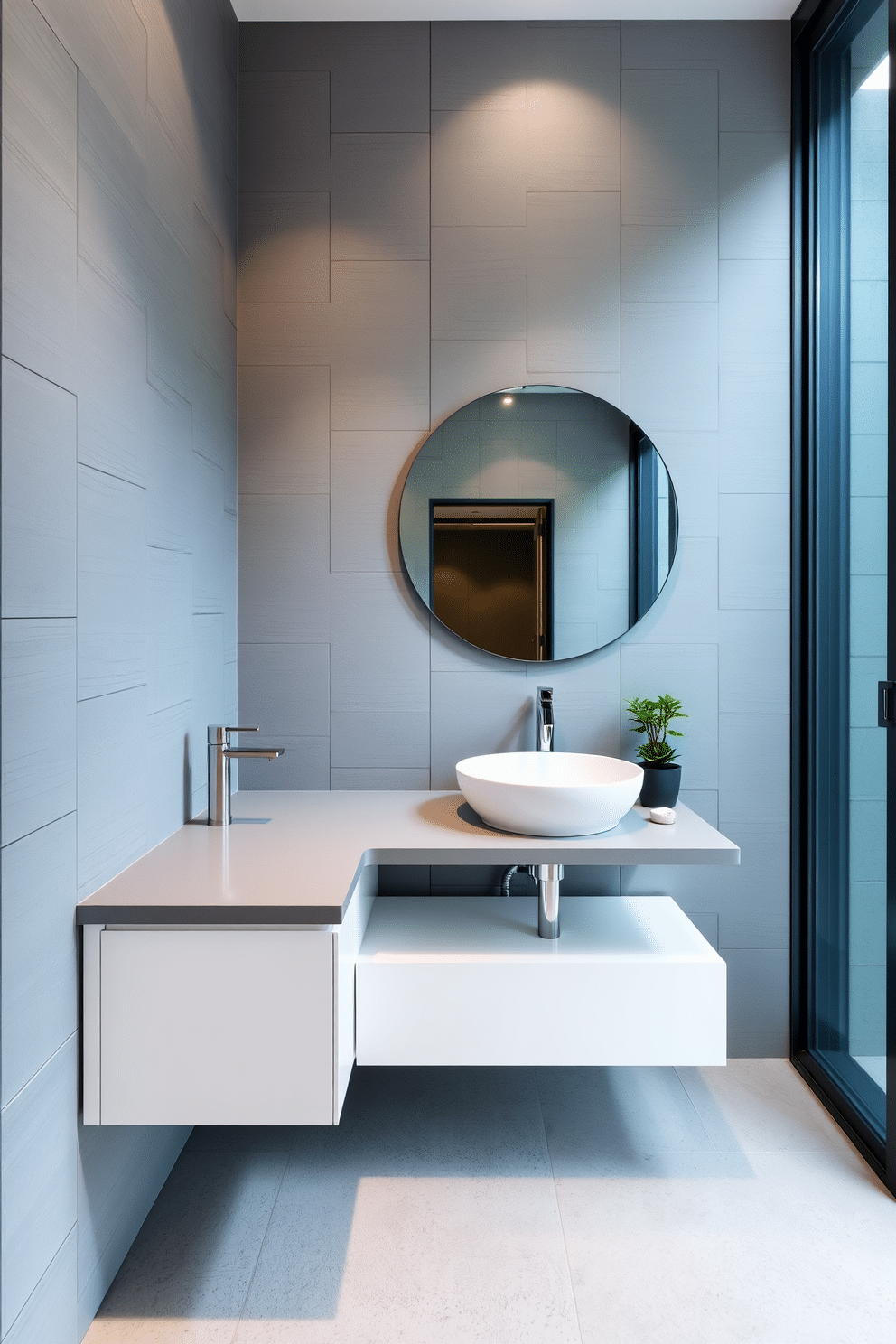 A contemporary powder room featuring textured wall panels that add depth and interest to the space. The panels are finished in a soft gray, complemented by sleek, modern fixtures and a minimalist floating vanity with a vessel sink. The flooring is a polished concrete that enhances the room's modern aesthetic, while a large round mirror reflects light and creates an illusion of space. Accent lighting highlights the textures of the wall panels, and a small potted plant adds a touch of greenery to the design.