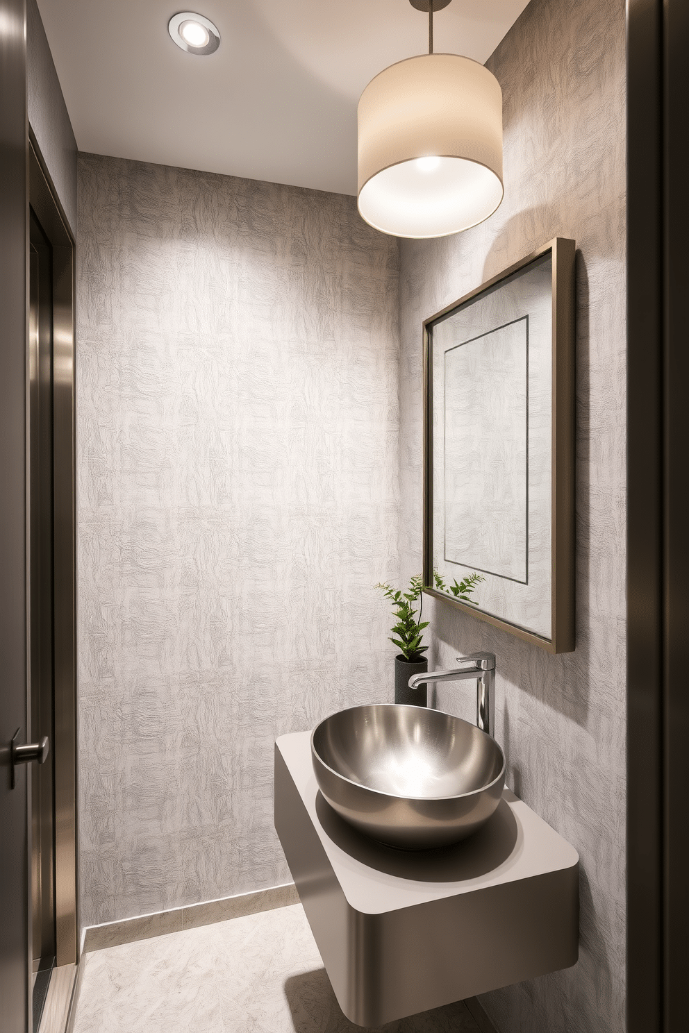 A contemporary powder room features sleek brushed metal finishes that add a modern touch to the space. The walls are adorned with textured wallpaper in a soft gray, complemented by a minimalist floating vanity with a brushed metal sink. The lighting is soft and ambient, provided by recessed fixtures and a stylish pendant light above the vanity. A large mirror with a brushed metal frame reflects the elegant design, while a small potted plant adds a touch of greenery to the room.