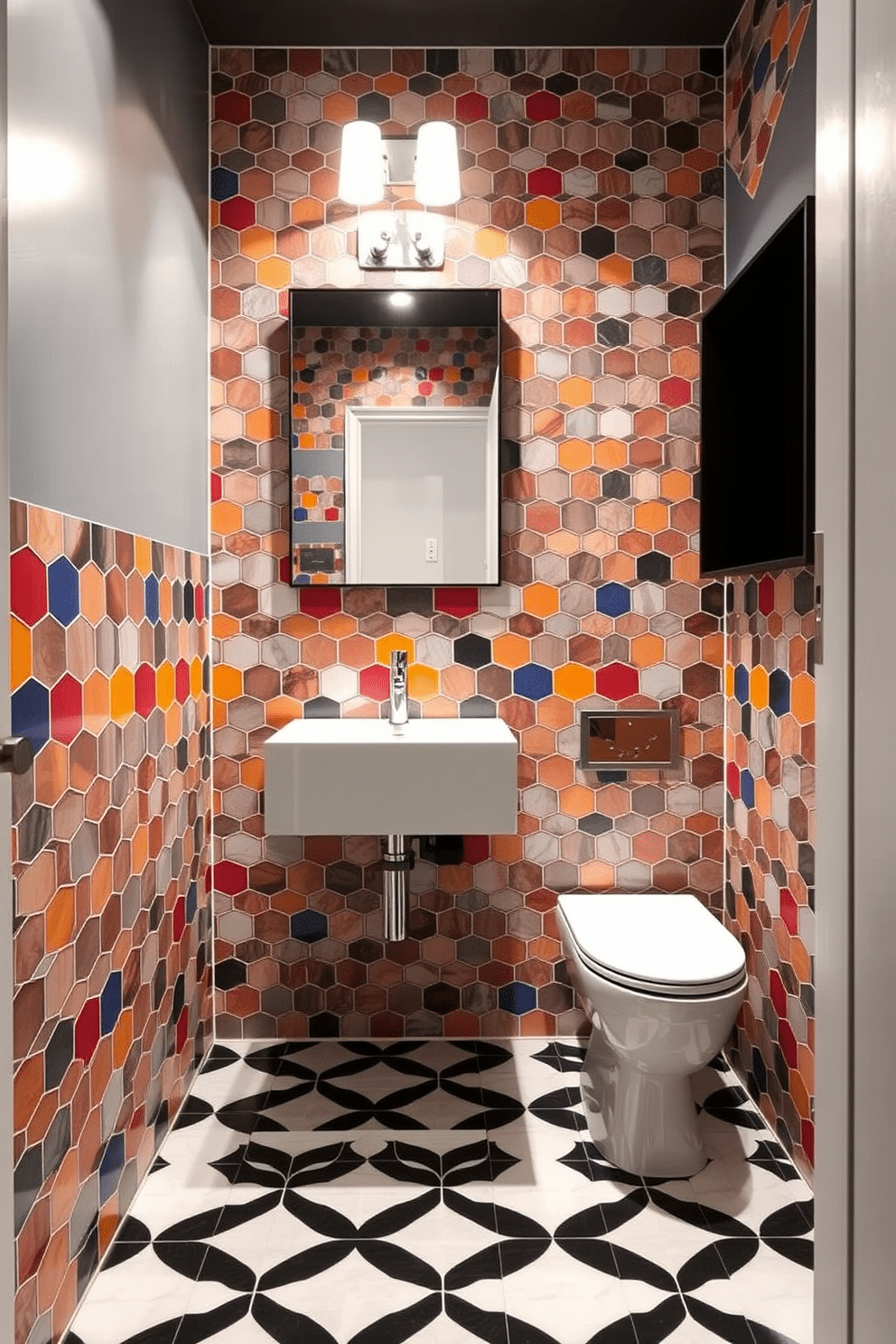 A contemporary powder room features bold tile patterns that create a striking visual impact. The walls are adorned with geometric tiles in vibrant colors, while the floor showcases a contrasting black and white design for added depth. A sleek, floating vanity with a minimalist sink complements the dynamic tiles, enhancing the room's modern aesthetic. Ambient lighting fixtures highlight the tile patterns, creating an inviting atmosphere perfect for guests.