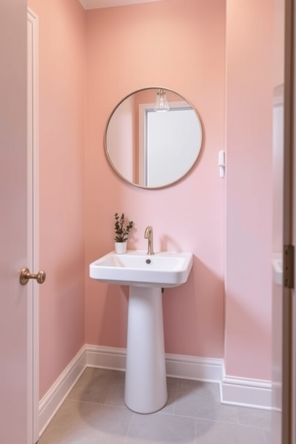 A contemporary powder room featuring soft pastel colors that evoke a calming atmosphere. The walls are painted in a gentle blush pink, complemented by a sleek white pedestal sink and a modern gold faucet. A round mirror with a thin gold frame hangs above the sink, reflecting the soft lighting from a stylish pendant light. The floor is adorned with light gray tiles, and a small potted plant adds a touch of greenery to the space.