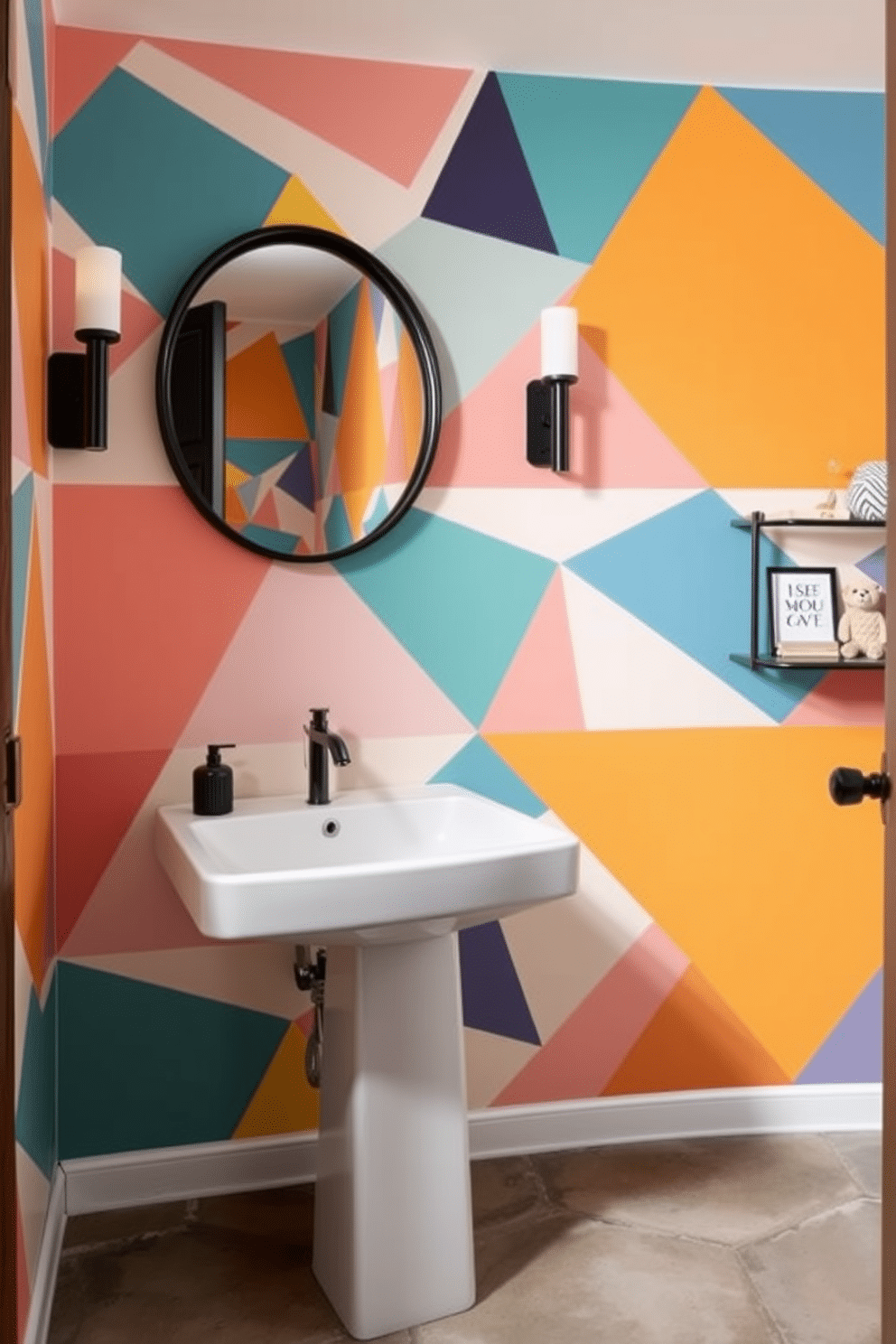 A contemporary powder room features geometric wallpaper in bold colors that creates a striking focal point. The space includes a sleek pedestal sink and a round mirror framed in matte black, enhancing the modern aesthetic. The flooring is a polished concrete that complements the vibrant wallpaper, while stylish sconces provide warm ambient lighting. A minimalist shelf displays decorative items, adding a personal touch to the chic design.