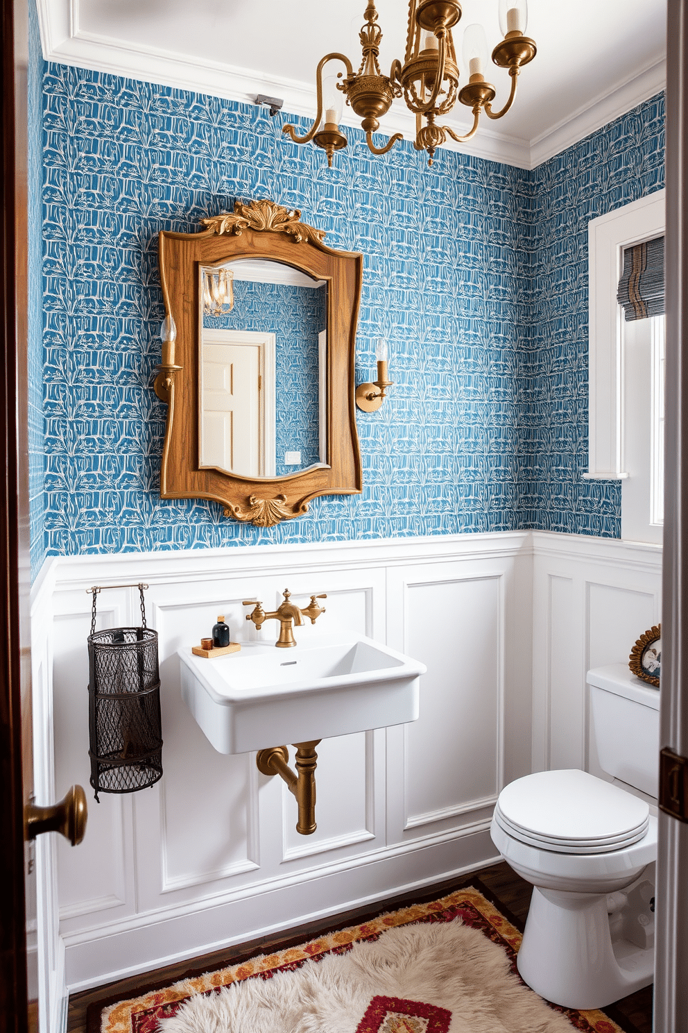 A contemporary powder room featuring vintage elements seamlessly integrated into the design. The space includes a sleek, wall-mounted sink with a brushed brass faucet, complemented by a reclaimed wood mirror with ornate detailing. The walls are adorned with a bold, geometric wallpaper that contrasts elegantly with the classic wainscoting below. A vintage-inspired chandelier hangs from the ceiling, casting a warm glow over the room, while a plush, patterned rug adds a touch of comfort underfoot.