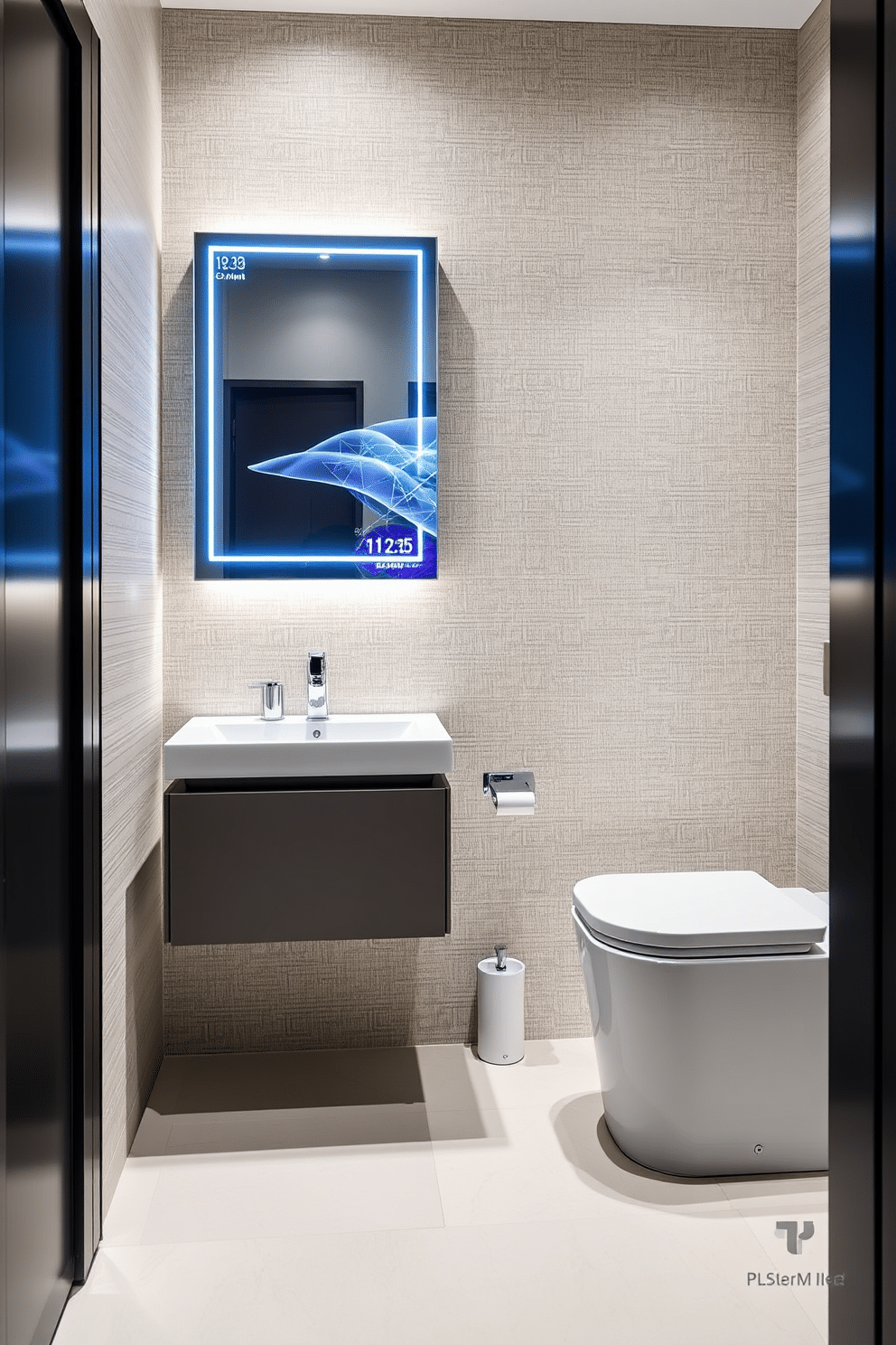 A contemporary powder room featuring smart technology for a high-tech experience. The space includes a sleek, wall-mounted smart mirror that displays time and weather, paired with a minimalist floating vanity with integrated lighting. The walls are adorned with a textured, neutral wallpaper that complements the modern aesthetic. A touchless faucet and a high-tech toilet with bidet functionality add convenience and luxury to the design.