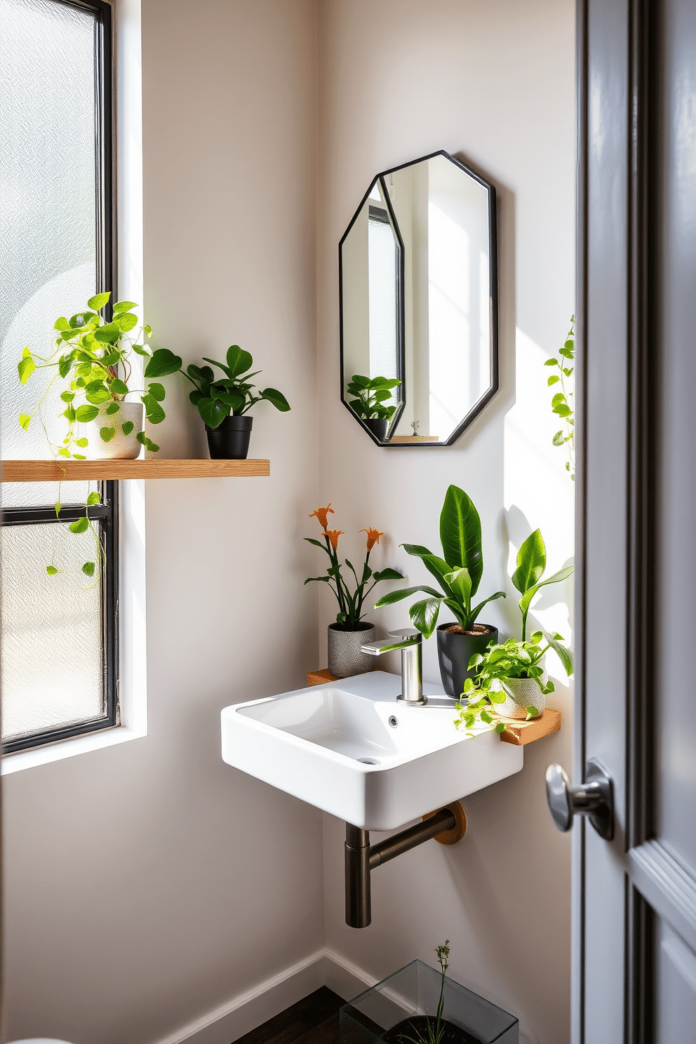 A contemporary powder room that seamlessly integrates plants for a touch of nature. The space features a sleek, wall-mounted sink with a minimalist design, complemented by a floating shelf adorned with various potted greenery. The walls are painted in a soft, neutral tone, enhancing the natural light that filters through a frosted glass window. A stylish mirror with a geometric frame hangs above the sink, reflecting the vibrant colors of the plants and creating a serene, inviting atmosphere.