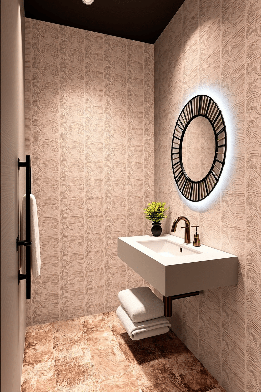 A contemporary powder room features unique faucet designs that serve as statement pieces, showcasing innovative shapes and finishes. The walls are adorned with elegant wallpaper, and the lighting is soft and ambient, enhancing the overall sophistication of the space. Incorporating a floating vanity with a sleek countertop complements the modern aesthetic, while a bold, eye-catching mirror adds depth and character. The flooring is a mix of textured tiles that provide contrast and interest, creating a stylish yet functional environment.