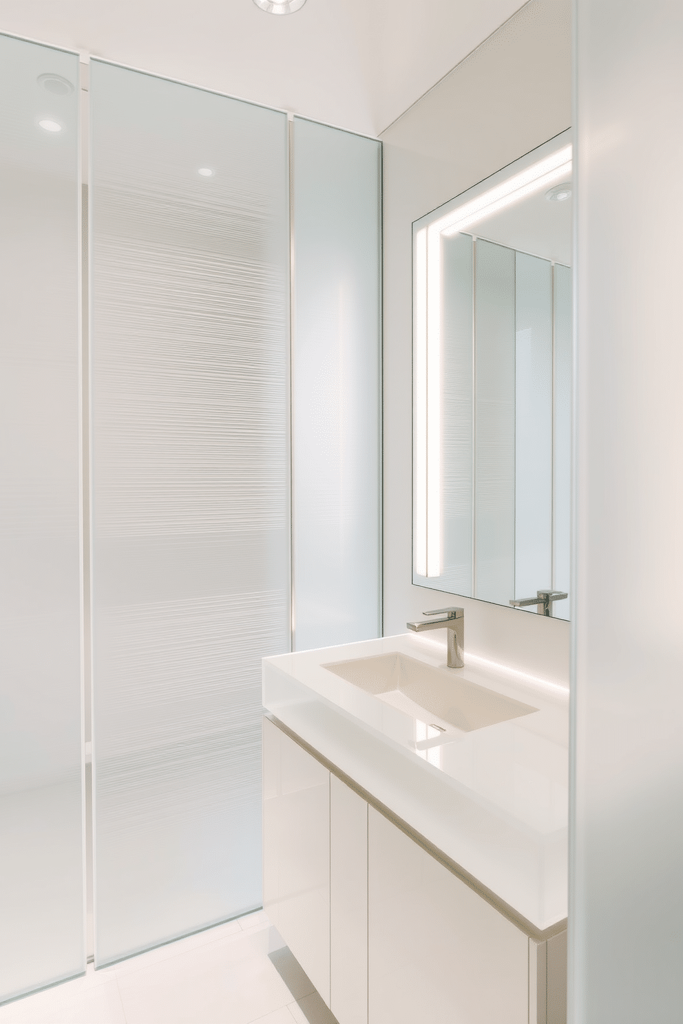 A contemporary powder room featuring translucent materials that create an airy and light atmosphere. The walls are adorned with frosted glass panels, allowing natural light to filter through while maintaining privacy. The vanity is a sleek design with a semi-transparent countertop, complemented by minimalist fixtures in brushed nickel. A large mirror with a subtle backlight enhances the sense of space, reflecting the soft hues of the room.