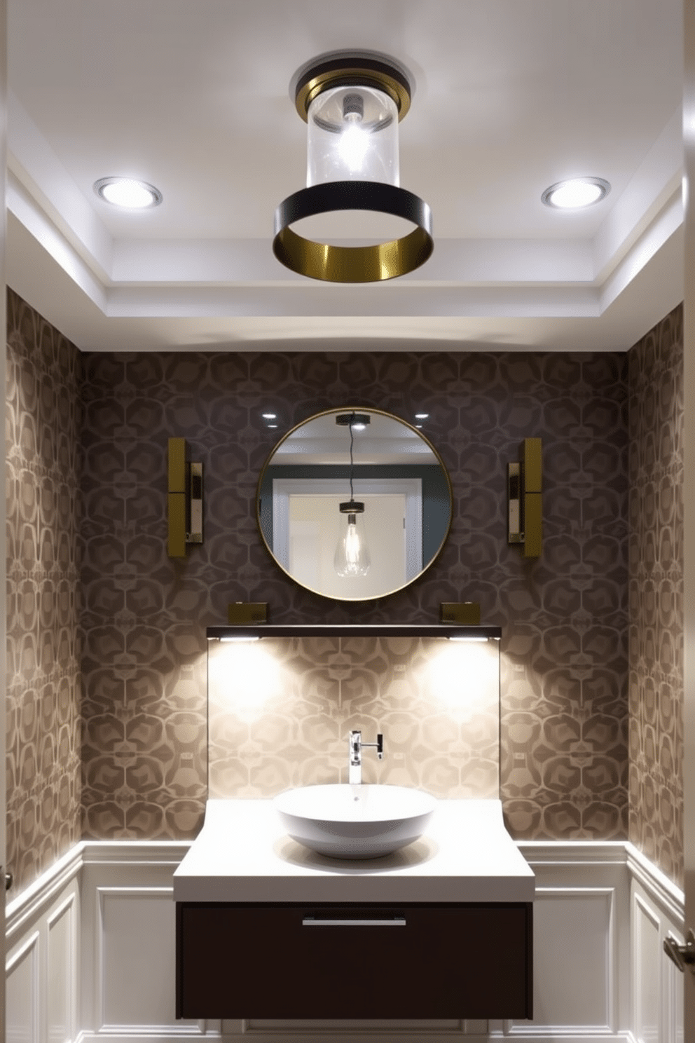 A contemporary powder room features layered lighting that includes recessed ceiling lights, wall sconces, and a stylish pendant fixture, creating a warm and inviting atmosphere. The walls are adorned with a bold geometric wallpaper, while a sleek floating vanity with a vessel sink adds a touch of modern elegance.