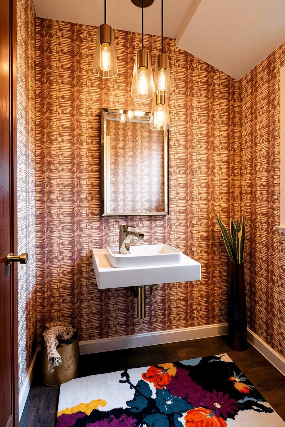 A contemporary powder room features a sleek, wall-mounted sink with a geometric faucet and a stylish mirror above it. The walls are adorned with a bold, patterned wallpaper that complements the artistic rug placed on the floor, adding warmth and texture to the space. The artistic rug showcases vibrant colors and abstract designs, creating a focal point that draws the eye. Elegant lighting fixtures hang from the ceiling, casting a warm glow that enhances the modern aesthetic while creating a welcoming atmosphere.