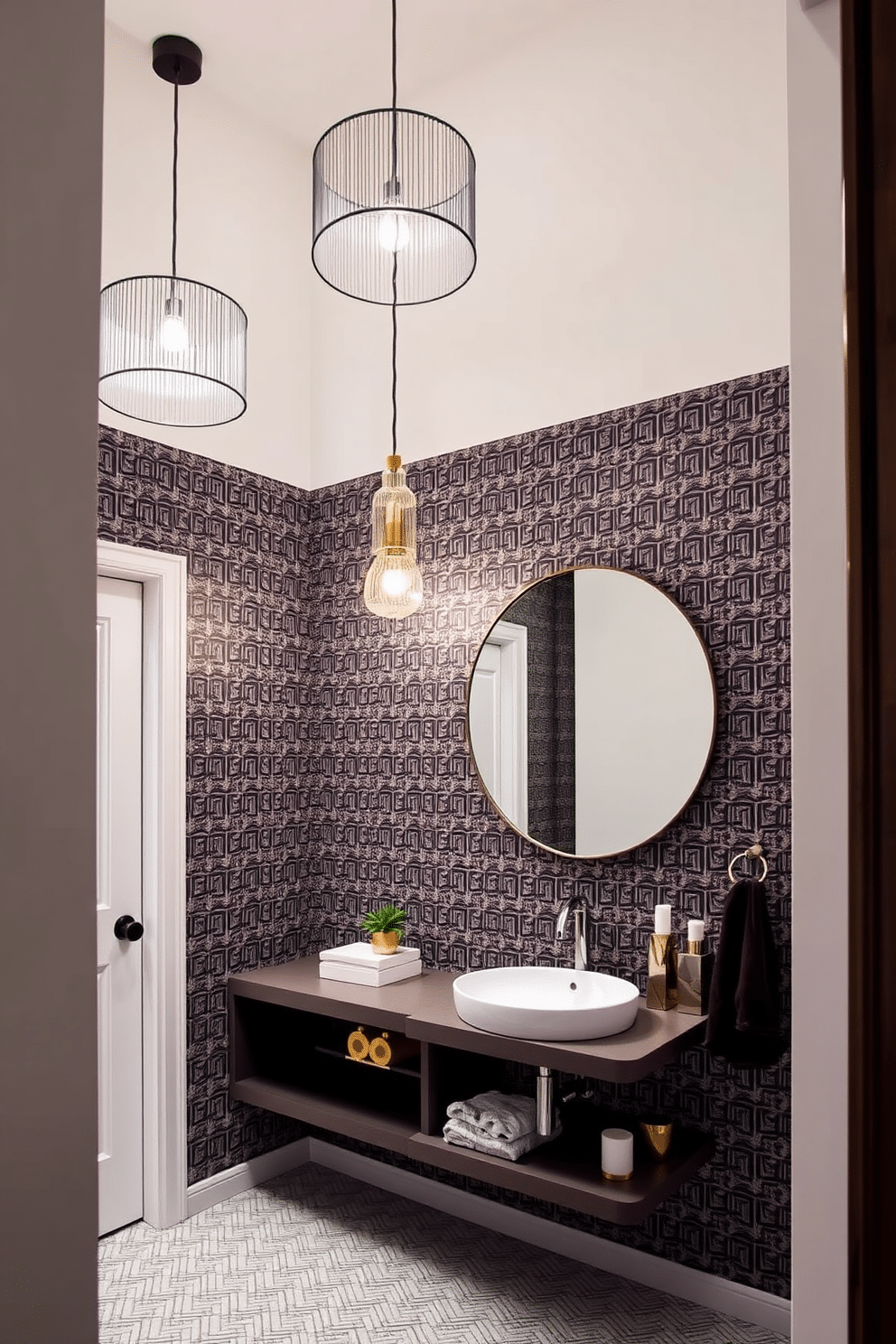 High ceilings adorned with dramatic light fixtures create an airy and luxurious ambiance. The contemporary powder room features sleek lines and a minimalist aesthetic, with a floating vanity and a striking wall-mounted sink. Bold wallpaper in geometric patterns adds visual interest, while a large round mirror enhances the sense of space. Elegant pendant lights hang from the ceiling, casting a warm glow over the stylish fixtures and modern accessories.