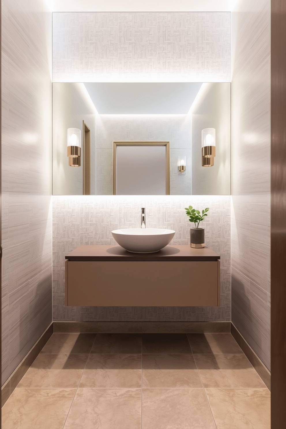 A contemporary powder room featuring an oversized mirror that reflects light and creates an illusion of spaciousness. The walls are adorned with a sleek, textured wallpaper in a soft gray tone, complemented by a minimalist floating vanity with a vessel sink. The floor is laid with large-format porcelain tiles in a neutral hue, adding to the room's modern aesthetic. Stylish sconces flank the mirror, providing warm ambient lighting, while a small potted plant adds a touch of greenery to the decor.