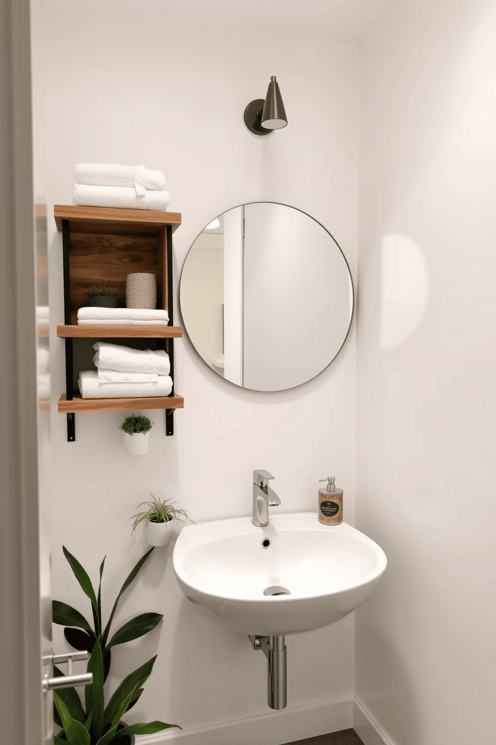 A contemporary powder room featuring open shelving for easy access and stylish display. The shelves are made of reclaimed wood, showcasing decorative items and neatly stacked towels, while the walls are painted in a crisp white to enhance the space's brightness. A sleek, modern sink with a minimalist faucet sits beneath a large round mirror, reflecting the room's clean lines. Accents of greenery from potted plants add a refreshing touch, complementing the overall contemporary aesthetic.