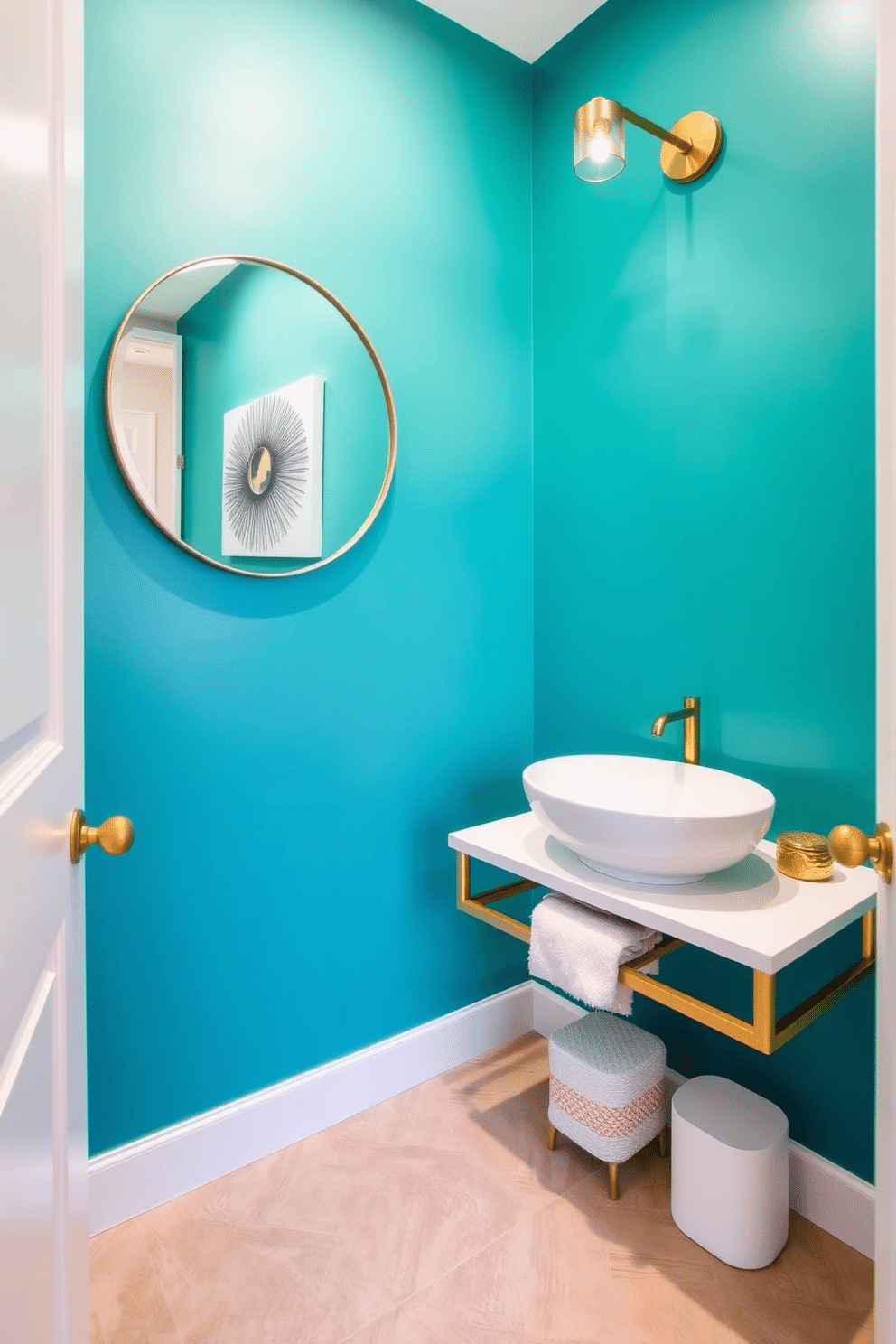 A contemporary powder room featuring a bold accent wall painted in a vibrant teal, creating a striking focal point. The space includes a sleek, floating vanity with a white countertop and a modern vessel sink, complemented by stylish brass fixtures. The floor is adorned with large, neutral tiles that contrast beautifully with the vivid wall. A round mirror with a thin gold frame hangs above the vanity, reflecting the unique wall art that adds character to the room.