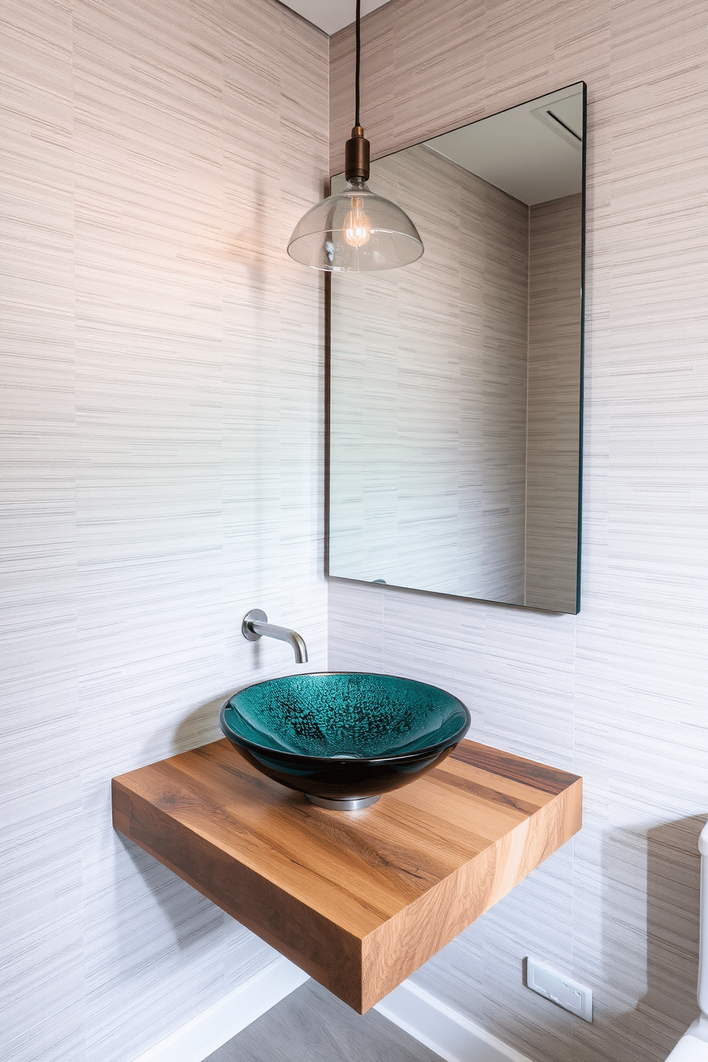 A contemporary powder room featuring a unique vessel sink as the focal point. The sink is crafted from hand-blown glass, resting on a sleek floating vanity made of reclaimed wood, complemented by brushed nickel fixtures. The walls are adorned with textured wallpaper in a soft gray tone, creating a modern yet inviting atmosphere. A large, frameless mirror above the sink reflects the stylish pendant lighting that adds warmth to the space.