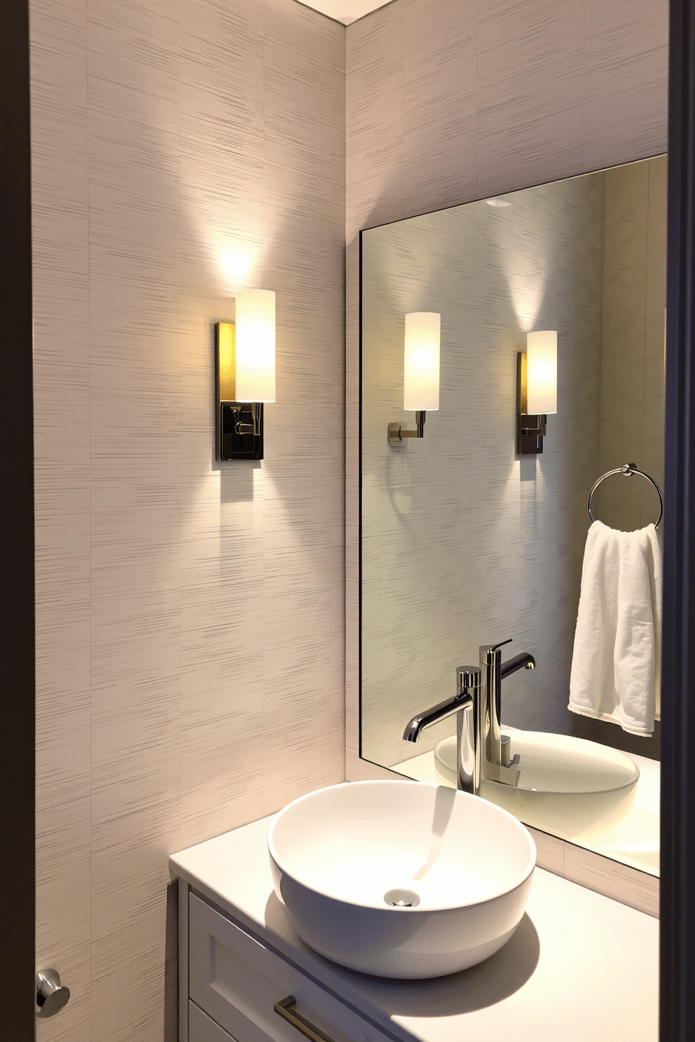 A contemporary powder room featuring stylish sconces that provide warm ambient lighting. The walls are adorned with a textured wallpaper in soft gray tones, and a sleek, modern vanity with a vessel sink sits below a large, illuminated mirror.