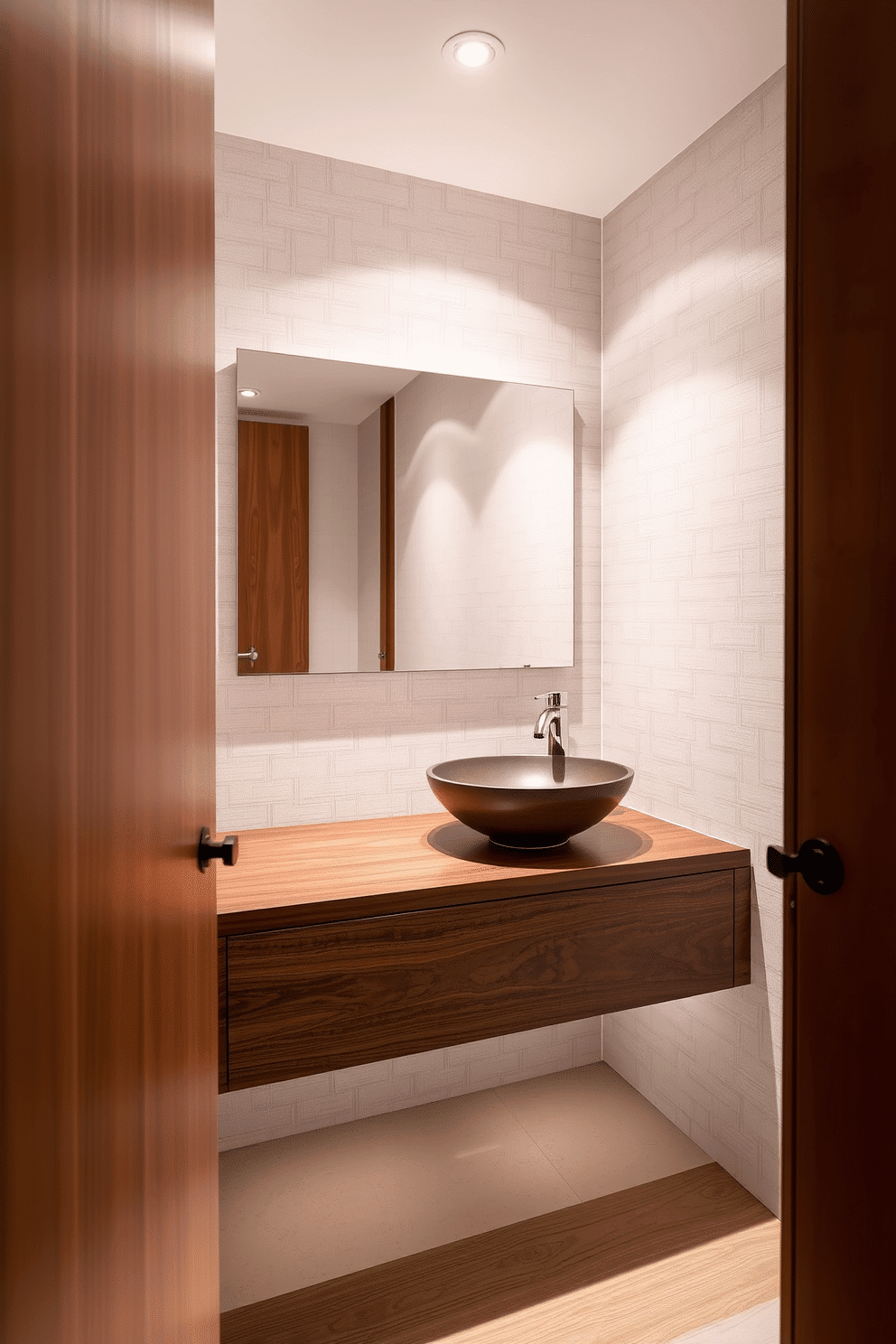 A contemporary powder room featuring natural wood accents that add warmth and texture. The space includes a sleek floating vanity with a rich walnut finish, complemented by a stylish vessel sink and modern fixtures. Soft, ambient lighting illuminates the room, highlighting the natural grain of the wood. The walls are adorned with a subtle, textured wallpaper in a neutral tone, creating a serene backdrop for the design.