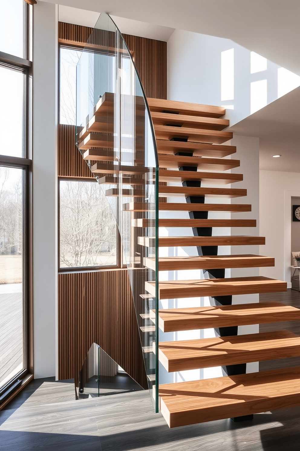 A stunning floating staircase features sleek wooden steps that seem to defy gravity, elegantly suspended by a minimalist glass railing. The surrounding space is illuminated by natural light streaming through large windows, enhancing the modern aesthetic with a touch of warmth.