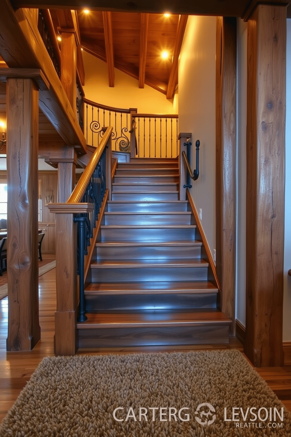 A rustic wooden staircase with exposed beams and rich, dark wood treads leads gracefully to the upper level. The iron railings feature intricate scrollwork, adding a touch of elegance to the sturdy design. The staircase is illuminated by warm, ambient lighting that highlights the natural grain of the wood. Below, a plush area rug in earthy tones complements the rustic aesthetic, creating a cozy atmosphere.