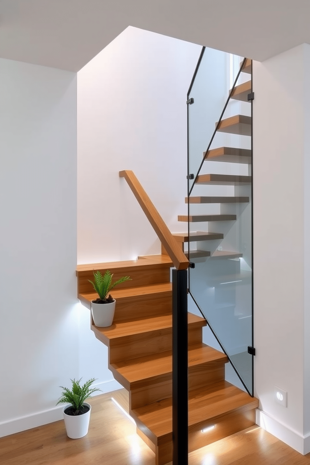 A sleek ladder-style staircase designed for small spaces features open risers and a minimalist handrail, allowing light to flow through while maintaining an airy feel. The steps are crafted from warm oak wood, contrasting beautifully with a crisp white wall, and a small potted plant sits at the base, adding a touch of greenery. This contemporary staircase design incorporates geometric shapes and clean lines, seamlessly blending functionality with modern aesthetics. The use of glass panels alongside the staircase enhances visibility and creates an illusion of spaciousness, while LED strip lighting under each step adds a subtle glow for safety and style.