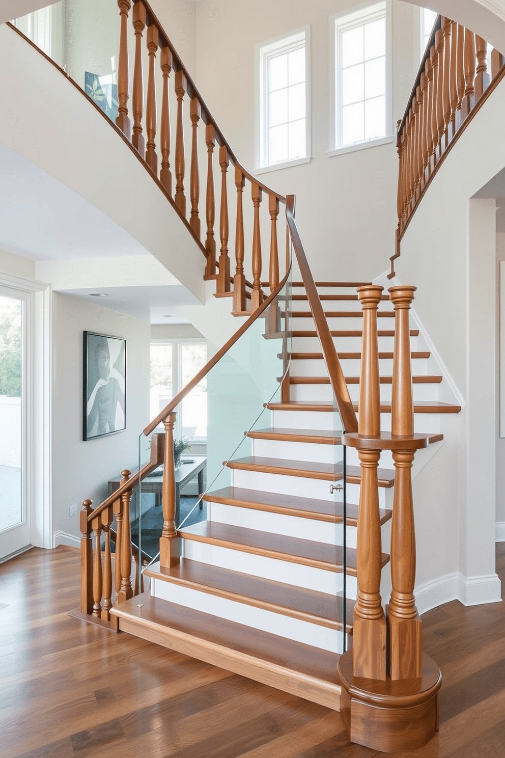 A wide staircase with oversized balusters creates a grand entrance, showcasing a blend of modern elegance and traditional craftsmanship. The balusters are crafted from polished wood, adding warmth, while the staircase features a sleek glass railing that enhances the contemporary aesthetic.