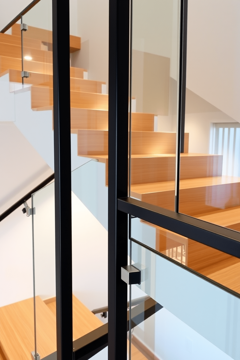 A contemporary staircase featuring a harmonious blend of materials, including sleek glass railings and warm wooden treads. The staircase is illuminated by recessed lighting, creating a striking contrast against the dark metal accents that frame the design.