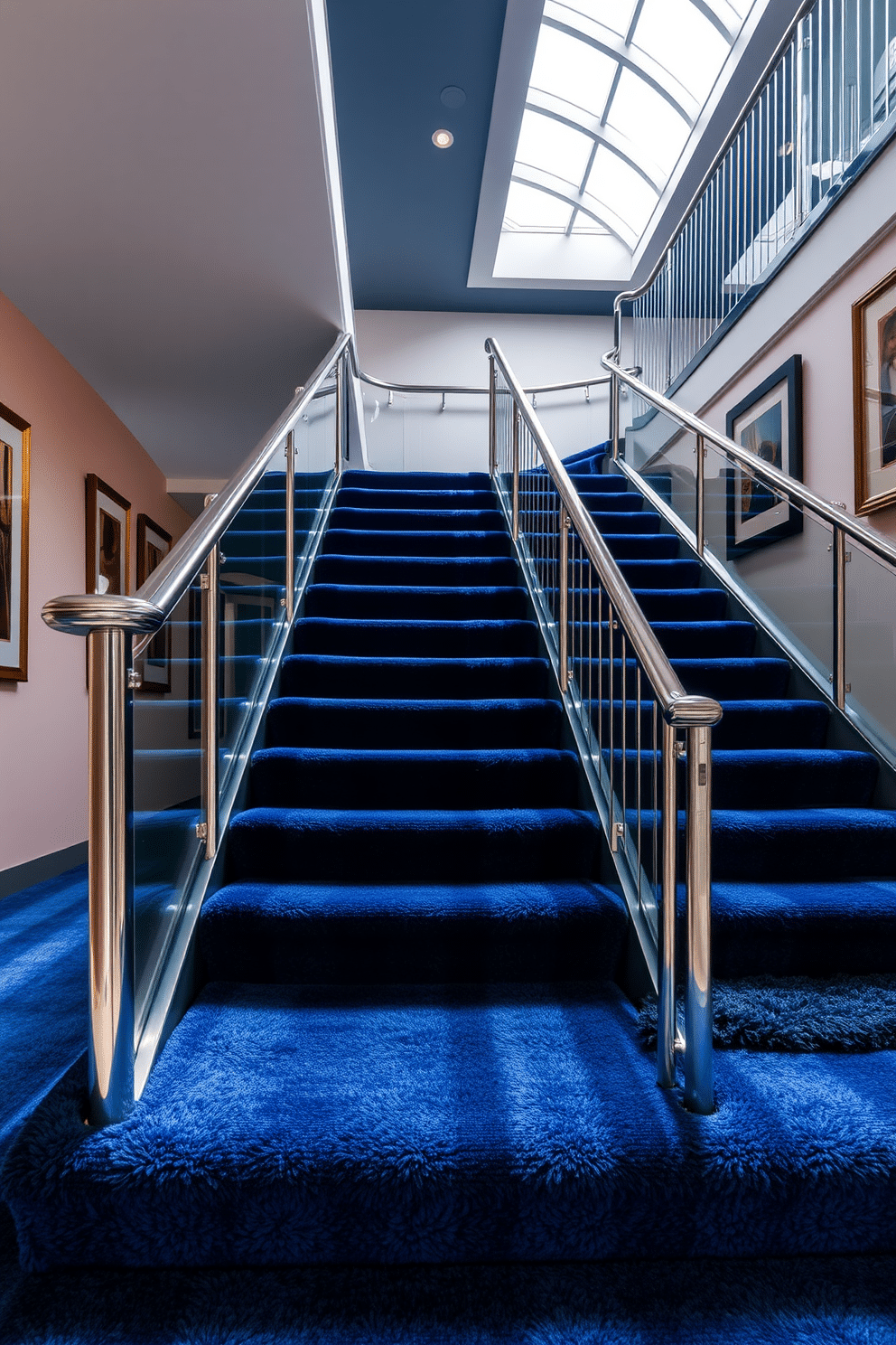 A luxurious staircase featuring plush, deep-pile carpeting in a rich navy blue hue that cascades down each step. The railing is elegantly crafted from polished chrome, complementing the modern aesthetic while providing a sleek contrast to the soft texture of the carpet. Natural light floods the space through a large skylight above, illuminating the intricate details of the staircase. Framed artwork lines the walls, adding a touch of sophistication and warmth to the contemporary design.