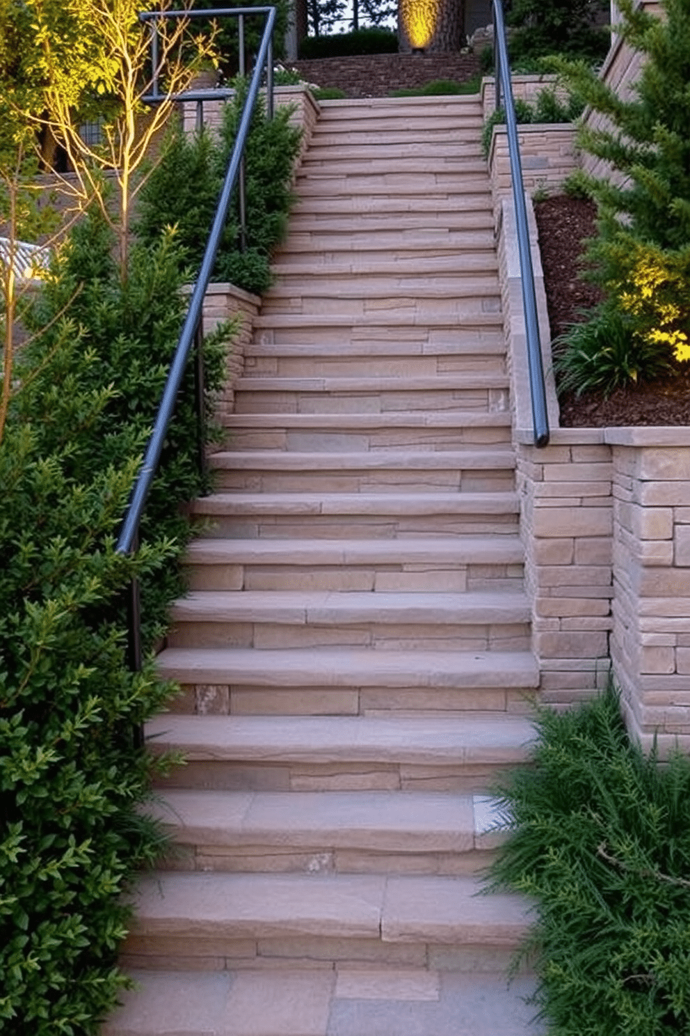 A stunning outdoor staircase made of natural stone, seamlessly blending with the surrounding landscape. The steps are wide and gently sloping, adorned with lush greenery on either side, creating a tranquil and inviting atmosphere. The staircase features sleek, modern railings that complement the natural materials, enhancing the contemporary aesthetic. Soft, ambient lighting highlights the stone texture at night, making it a striking focal point in the outdoor space.