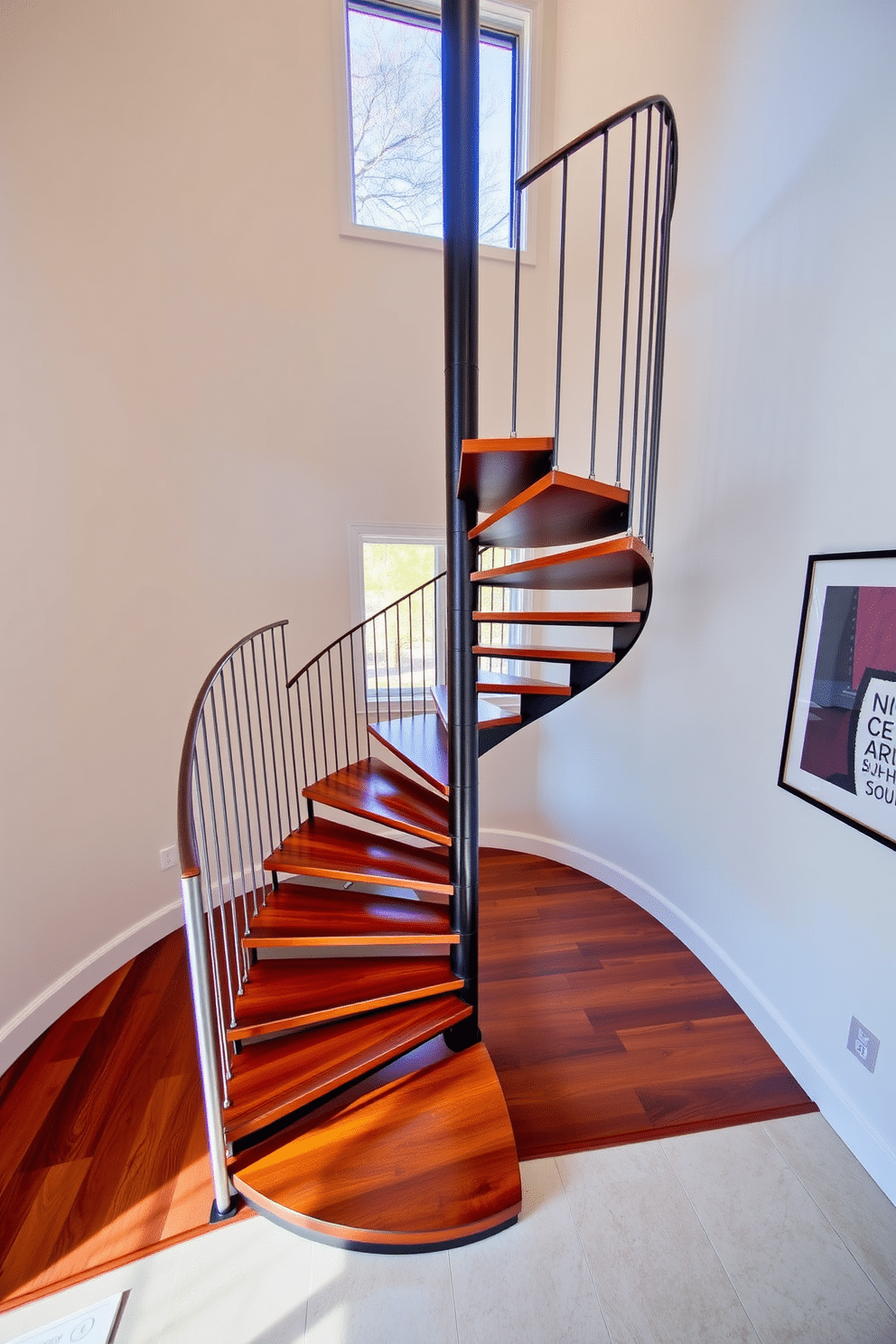 A striking spiral staircase with rich wooden treads gracefully ascends to the upper level. The sleek metal railing complements the modern aesthetic, while the surrounding walls are adorned with minimalist artwork that enhances the contemporary vibe.