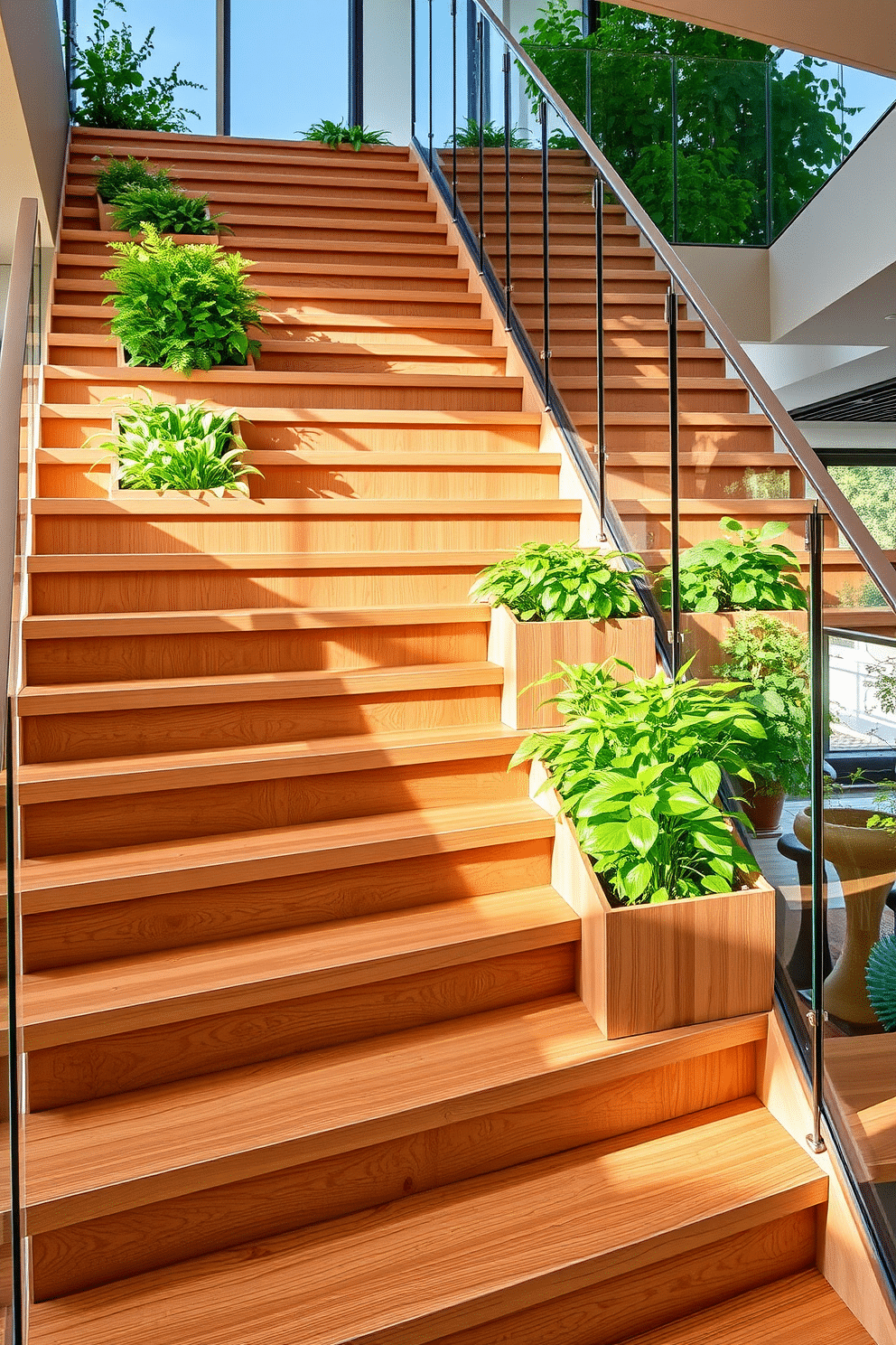 A contemporary staircase design featuring integrated planters filled with lush greenery on each side of the steps. The staircase is made of sleek wood with glass railings, allowing natural light to illuminate the vibrant plants and create an inviting atmosphere.