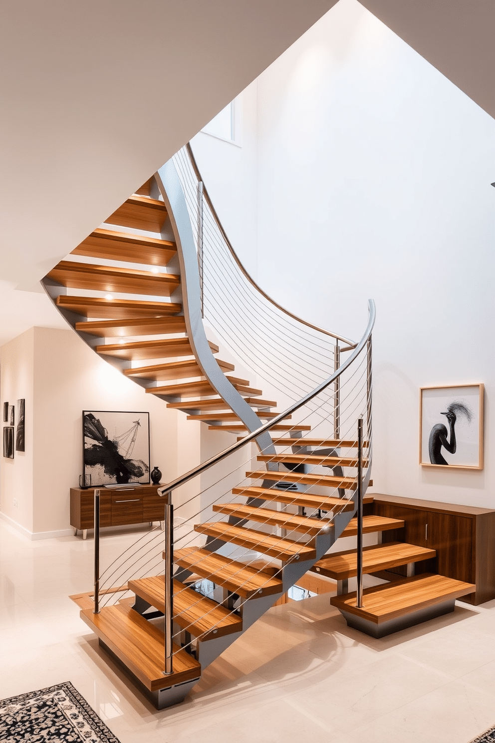 A striking sculptural staircase serves as the centerpiece of this contemporary home, featuring a fluid design that seamlessly blends with the surrounding architecture. Crafted from a combination of polished wood and sleek metal, the staircase creates an inviting sense of movement and elegance. The staircase is illuminated by strategically placed recessed lighting, enhancing its sculptural qualities and casting intriguing shadows. Surrounding the staircase, the walls are adorned with minimalist artwork, further emphasizing the modern aesthetic of the space.