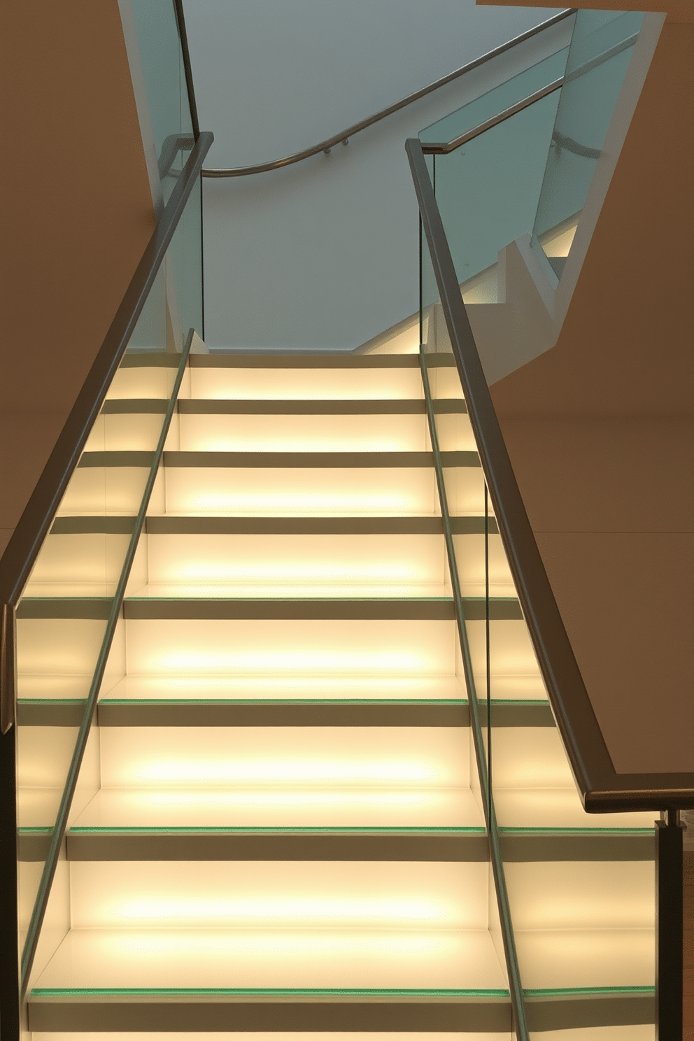 A contemporary staircase design featuring sleek, backlit glass panels that illuminate the steps with a soft glow. The staircase is framed by a minimalist metal railing, complementing the modern aesthetic and enhancing the open feel of the space.