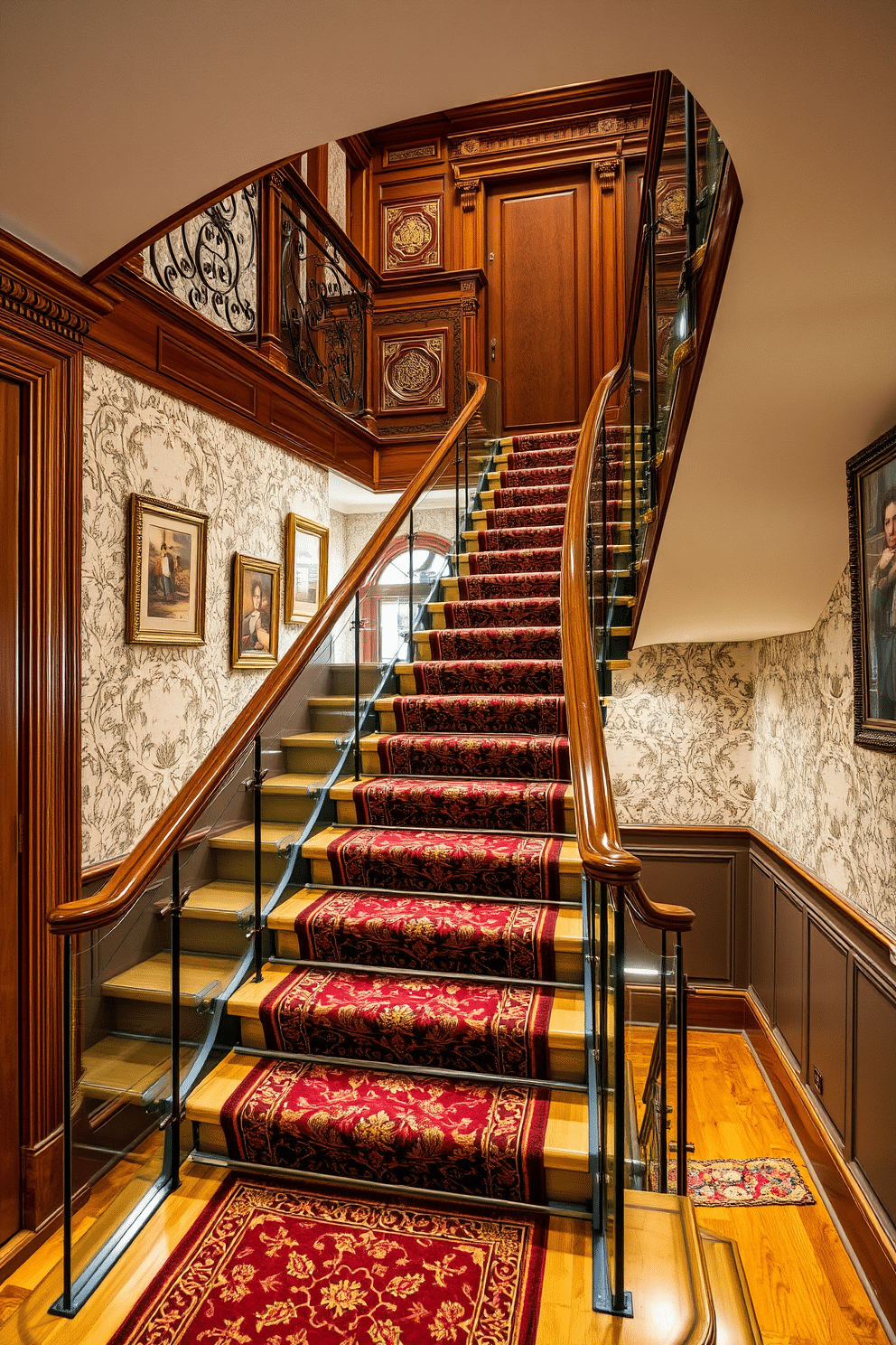 A vintage-inspired staircase with ornate details featuring intricate woodwork and a polished banister. The steps are adorned with a rich, patterned carpet runner, and the walls are embellished with vintage wallpaper and framed artwork. A contemporary staircase design characterized by sleek lines and minimalist aesthetics. The staircase is made of glass and steel, allowing for an open feel, with strategically placed LED lighting highlighting its modern features.