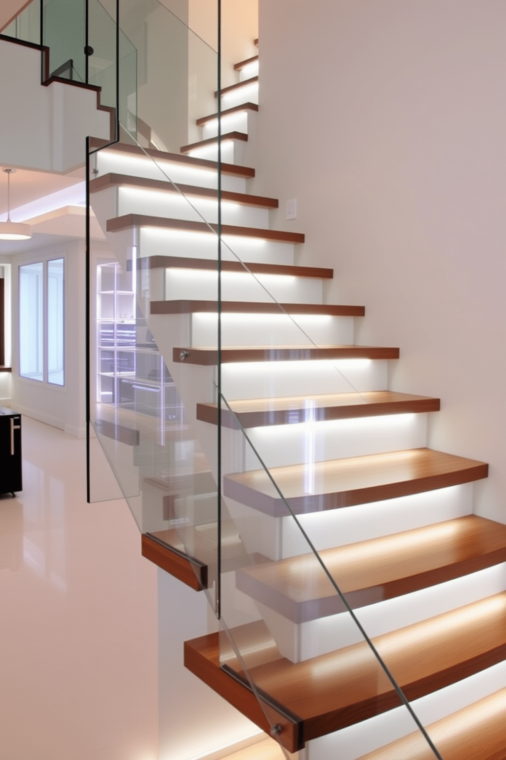 A contemporary staircase design featuring a sleek, floating wooden staircase with a dark walnut finish. The risers are painted in a crisp white, creating a striking contrast that highlights the elegance of the design. The staircase is flanked by a glass railing that allows for an unobstructed view, enhancing the sense of openness in the space. LED strip lighting is integrated into the treads, casting a warm glow that accentuates the architectural lines of the staircase.