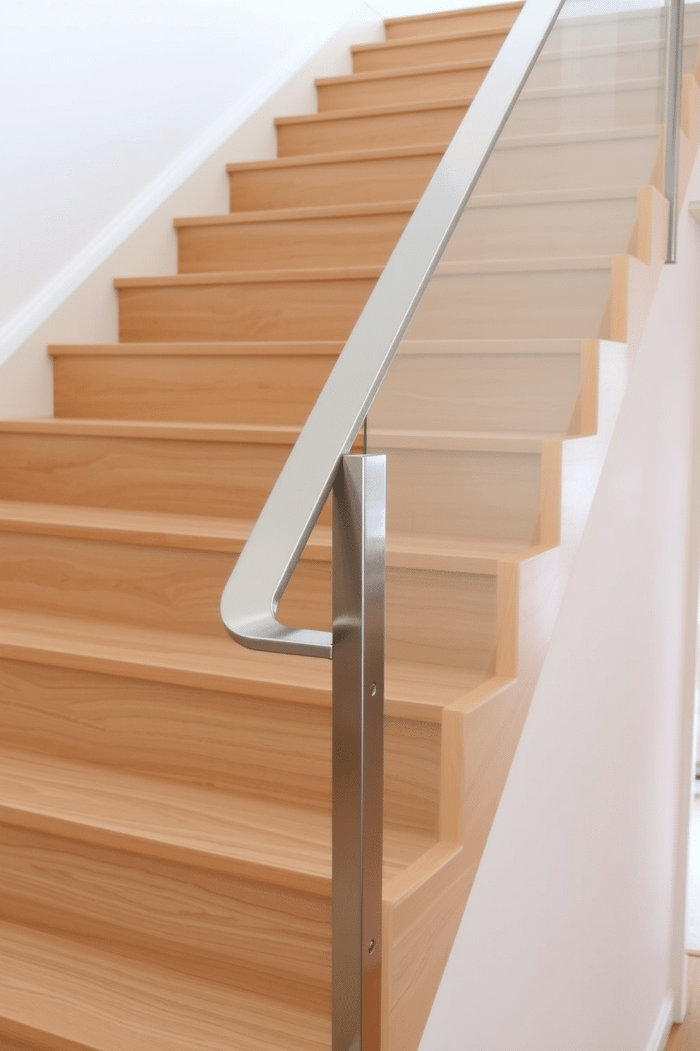 A straight staircase featuring a sleek, minimalist handrail made of brushed stainless steel. The stairs are crafted from light oak wood, showcasing a clean, modern aesthetic that complements the surrounding open space.