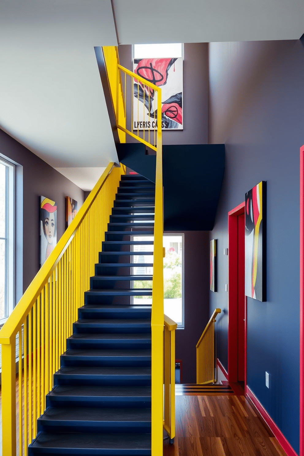 A bold staircase design featuring a sleek, modern structure with a striking combination of vibrant accent colors. The steps are painted in a deep navy blue, while the railing showcases a bright yellow finish, creating a stunning visual contrast. The surrounding walls are adorned with abstract artwork that complements the staircase's color scheme. Natural light floods the space through large windows, enhancing the dynamic atmosphere and highlighting the staircase as a focal point of the interior.