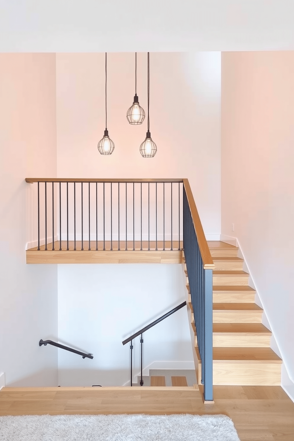 A contemporary staircase features sleek, minimalist lines and a floating design that highlights the open space. Unique light fixtures hang above, casting a warm glow that accentuates the elegant railing and natural wood steps. The walls are painted in a soft white, creating a bright and airy atmosphere that enhances the staircase's modern aesthetic. Below, a plush runner adds a touch of comfort and sophistication, tying the entire space together.