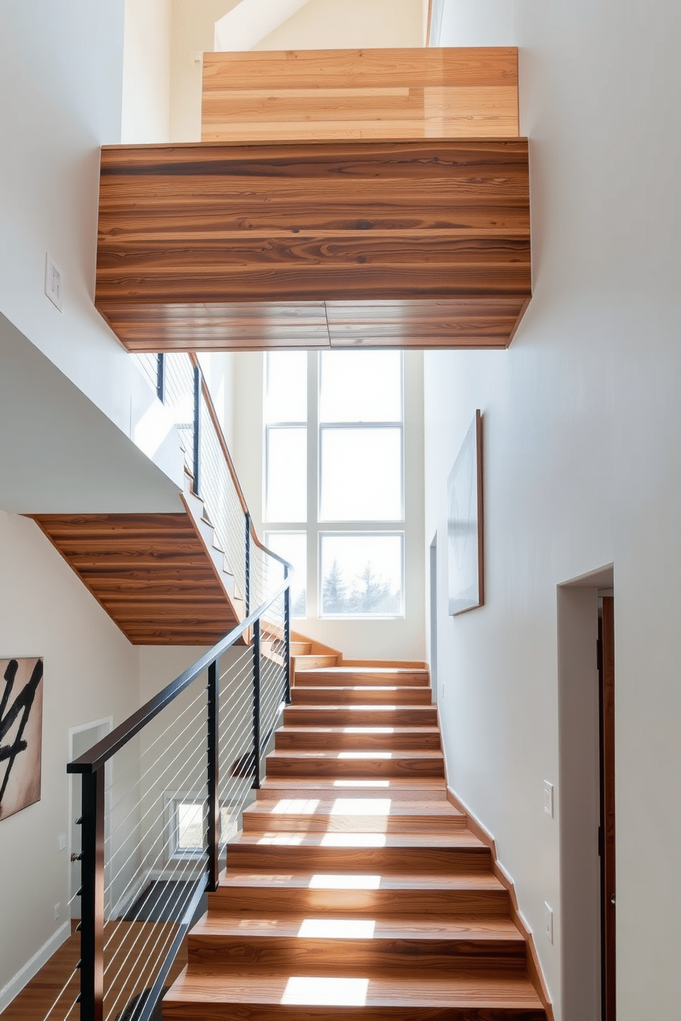 A stunning eco-friendly staircase made from reclaimed wood showcases a beautiful blend of sustainability and modern design. The warm tones of the wood contrast elegantly with sleek metal railings, creating a striking visual appeal. Natural light pours in through large windows, illuminating the staircase and highlighting the unique grain patterns of the reclaimed wood. The surrounding walls are adorned with minimalist artwork, enhancing the contemporary aesthetic of the space.